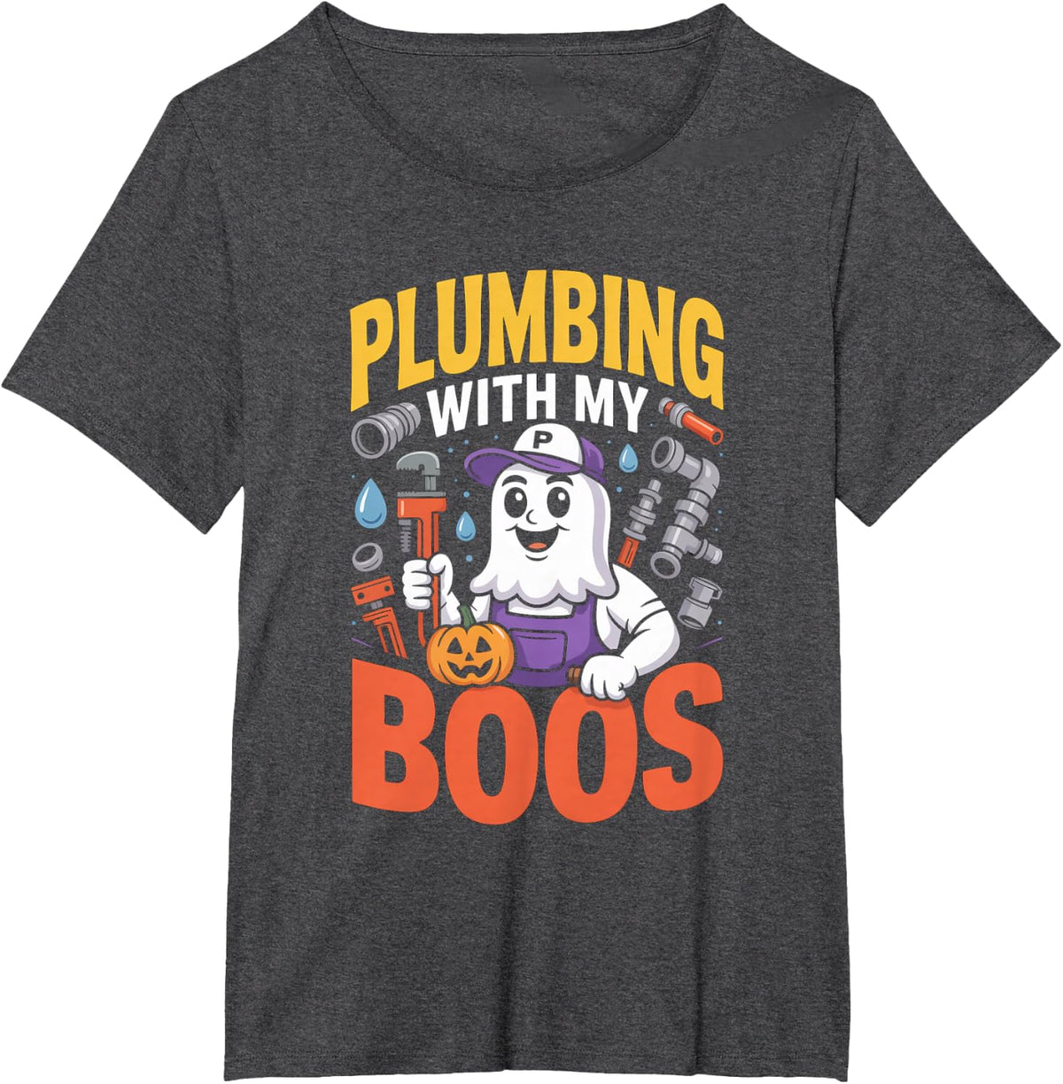 Plumbing with My Boos Ghost Plumber Halloween T-Shirt - Dark Heather Grey