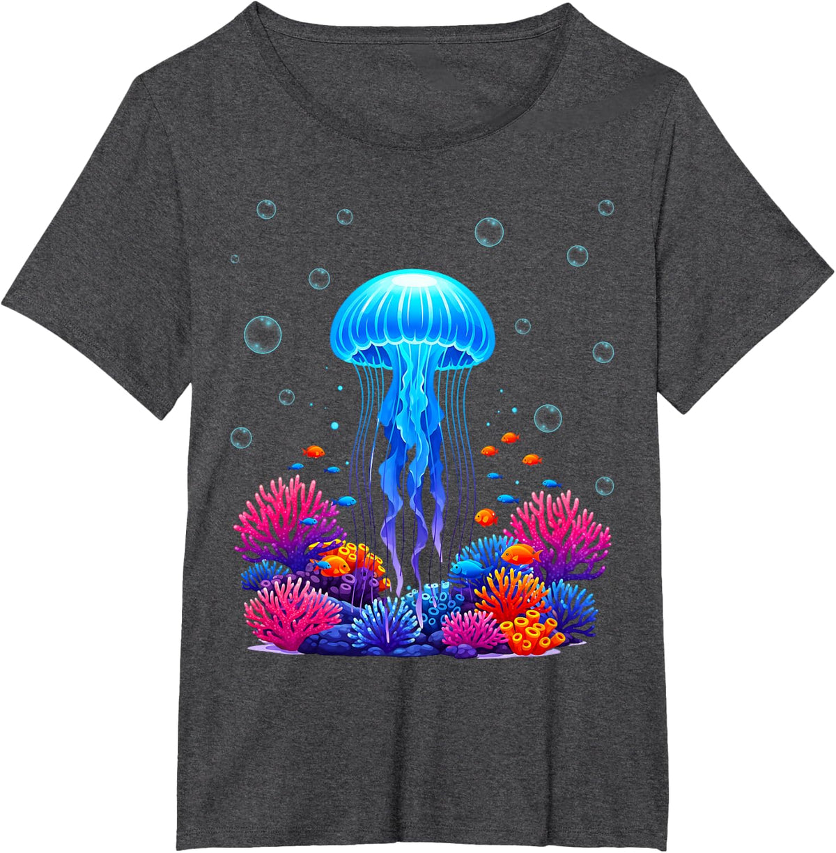 Jellyfish Graphic with Fishes in Sea T-Shirt - Dark Heather Grey