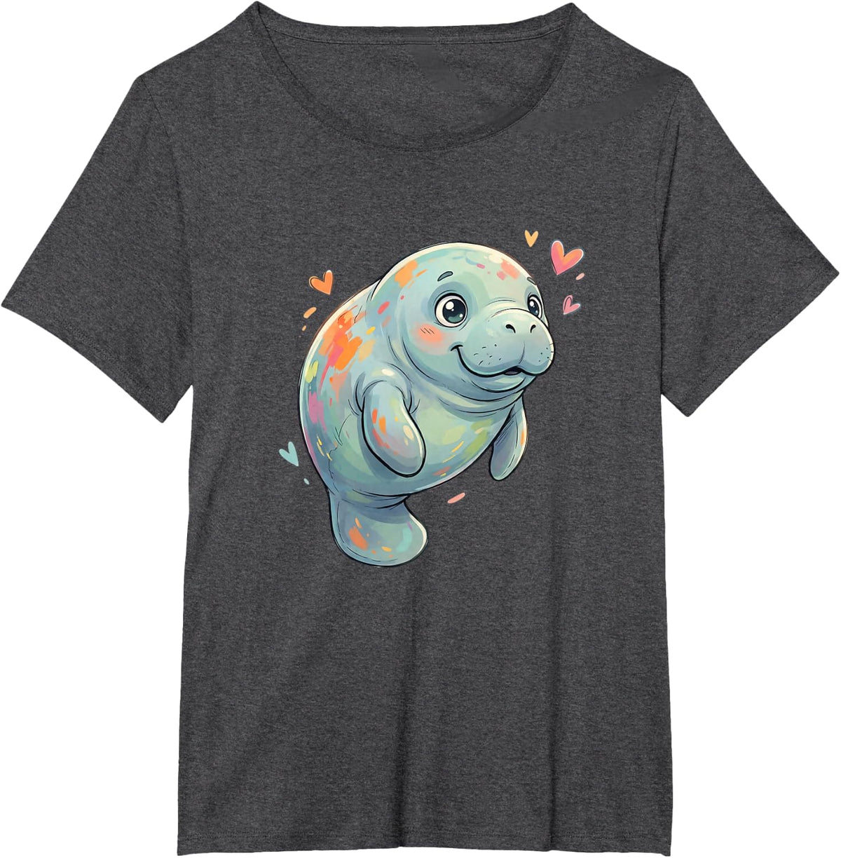 Adorable Colorful Manatee with Hearts Lovers T-Shirt - Dark Heather Grey