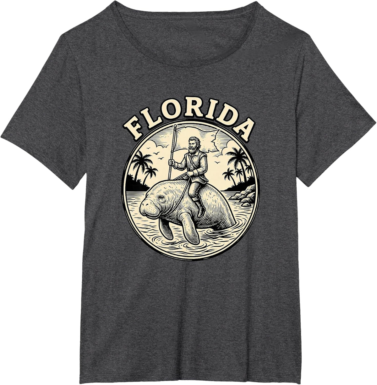 Florida Manatee Rider Vintage Illustration Souvenir T-Shirt - Dark Heather Grey
