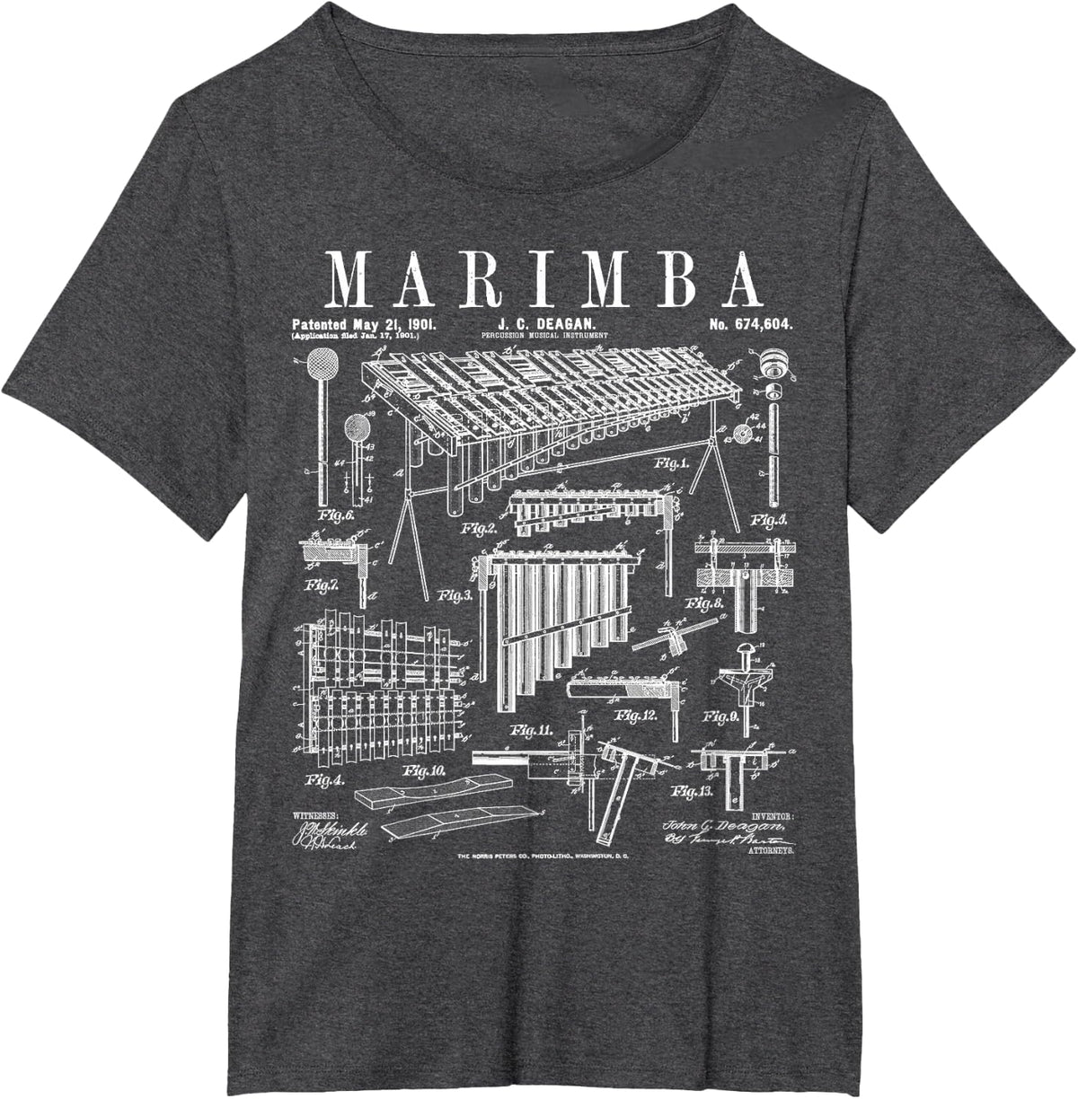 Marimba Player Percussion Musical Instrument Vintage Patent T-Shirt - Dark Heather Grey