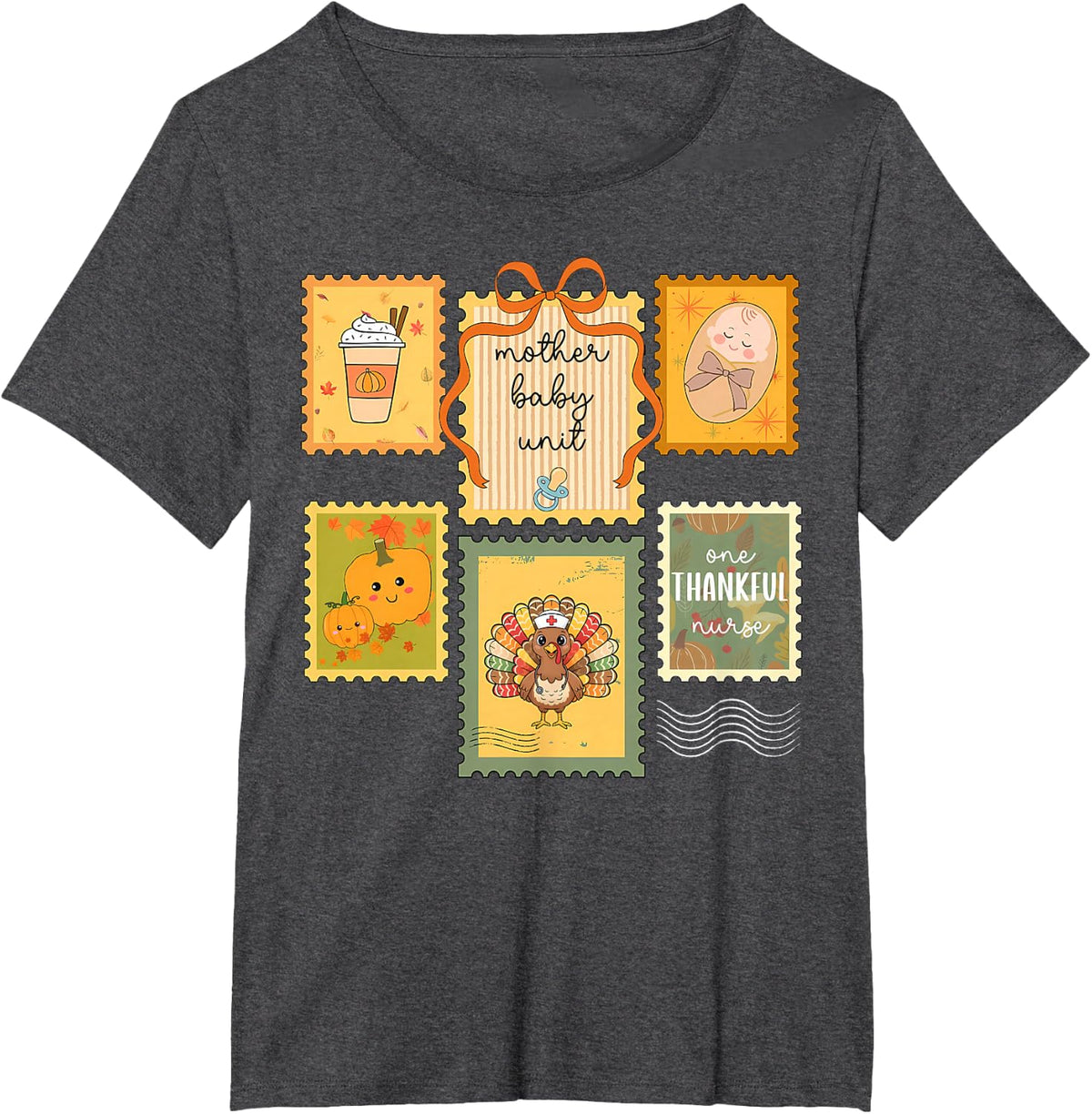 Stamp Coquette Mother Baby Unit Nurse MBU Fall Thanksgiving T-Shirt - Dark Heather Grey