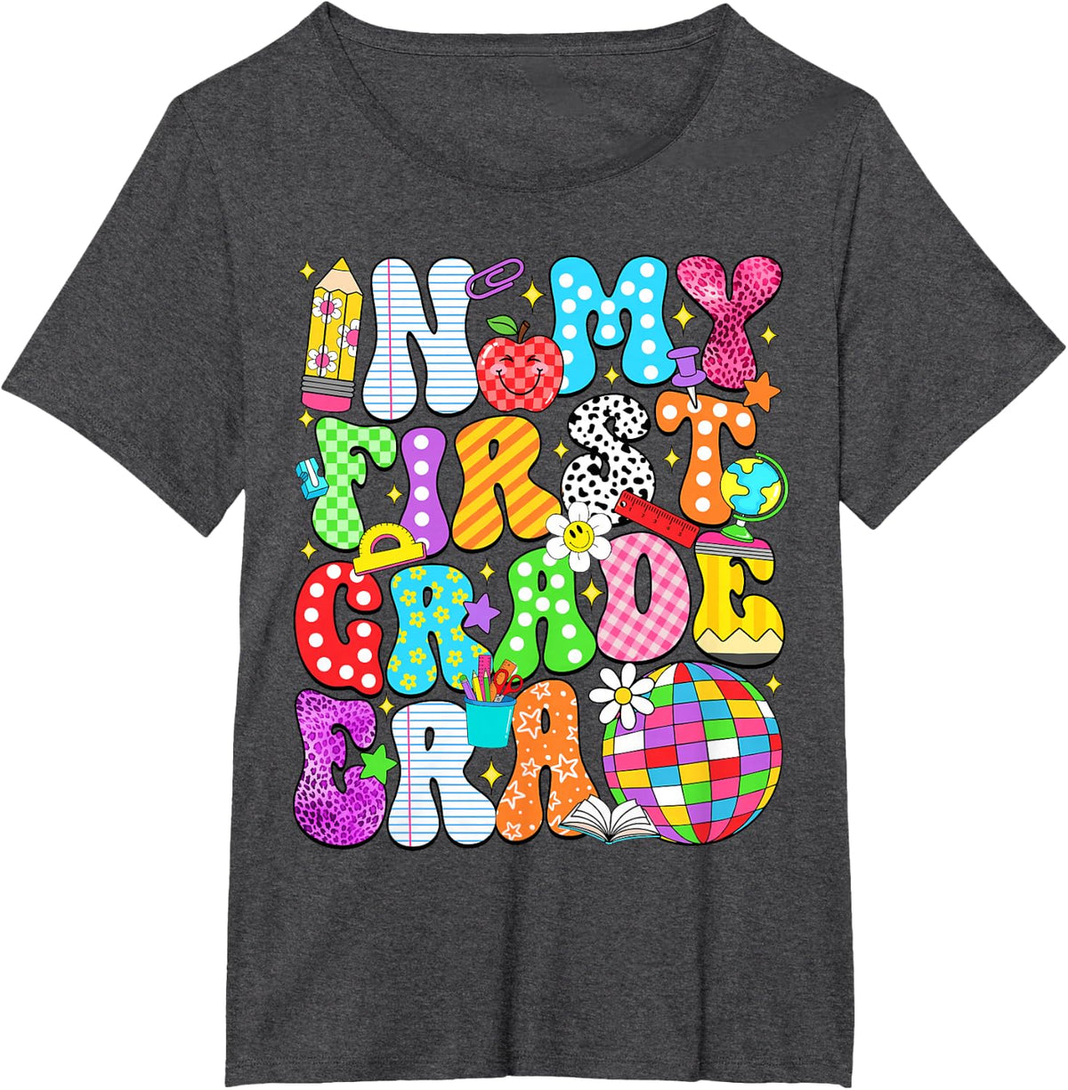 in My First Grade Era Groovy Back to School Teacher Student Tee T-Shirt - Dark Heather Grey