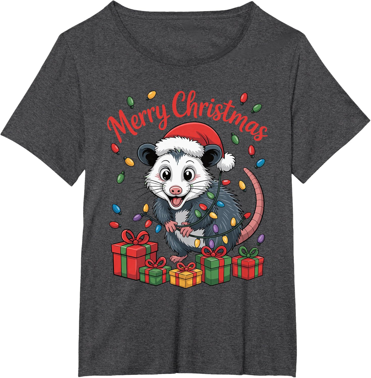 Funny Opossum Santa Hat Animals Lovers Ugly Christmas Pajama T-Shirt - Dark Heather Grey