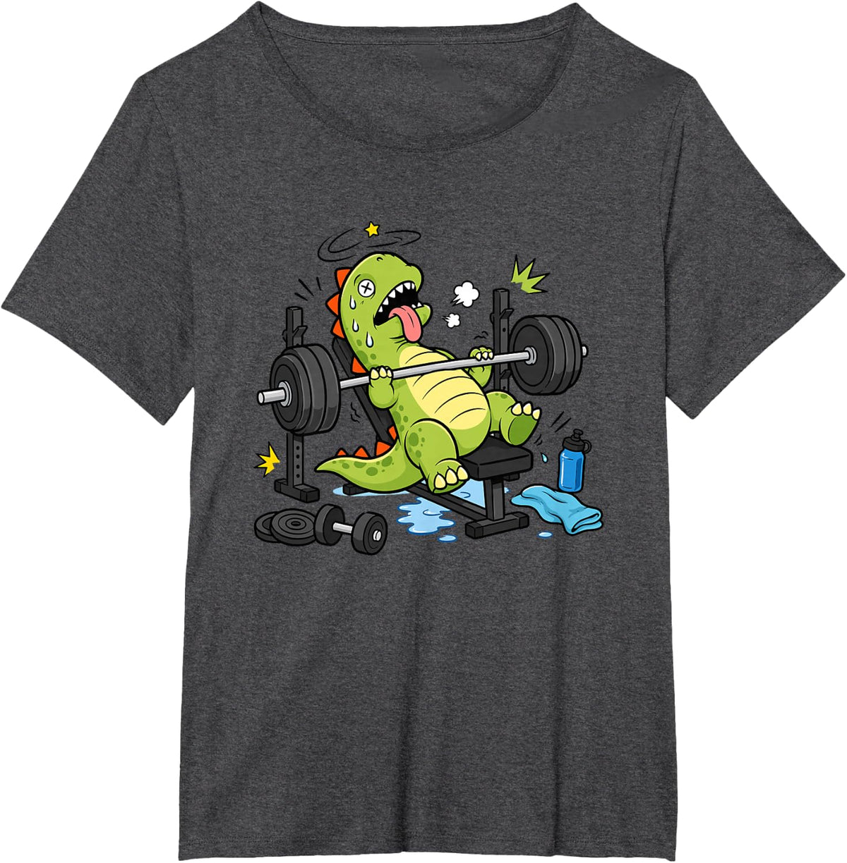 Weight Lifting Dinosaur Trex Barbell Gym Workout T-Shirt - Dark Heather Grey