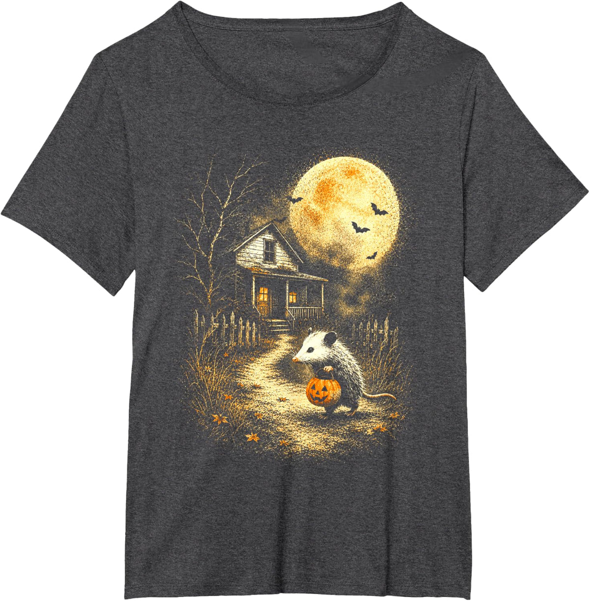 Vintage Opossum Halloween Possum Pumpkin Spooky Moon T-Shirt - Dark Heather Grey