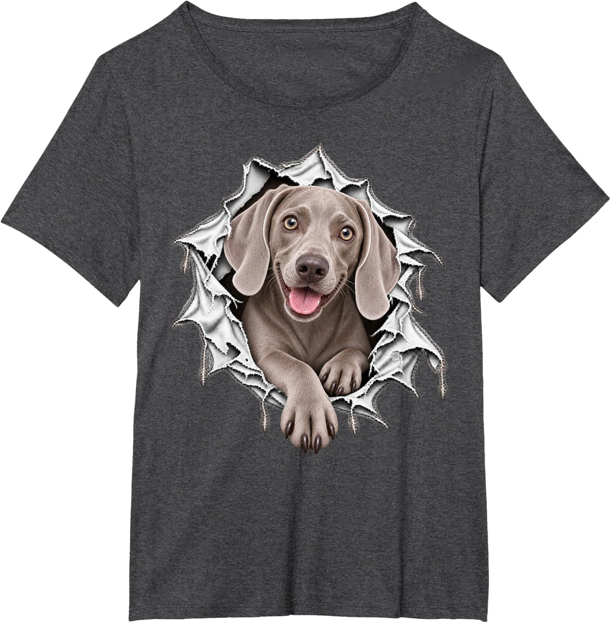 Cute Weimaraner Dog Stepping Out from Ripped Design T-Shirt - Dark Heather Grey