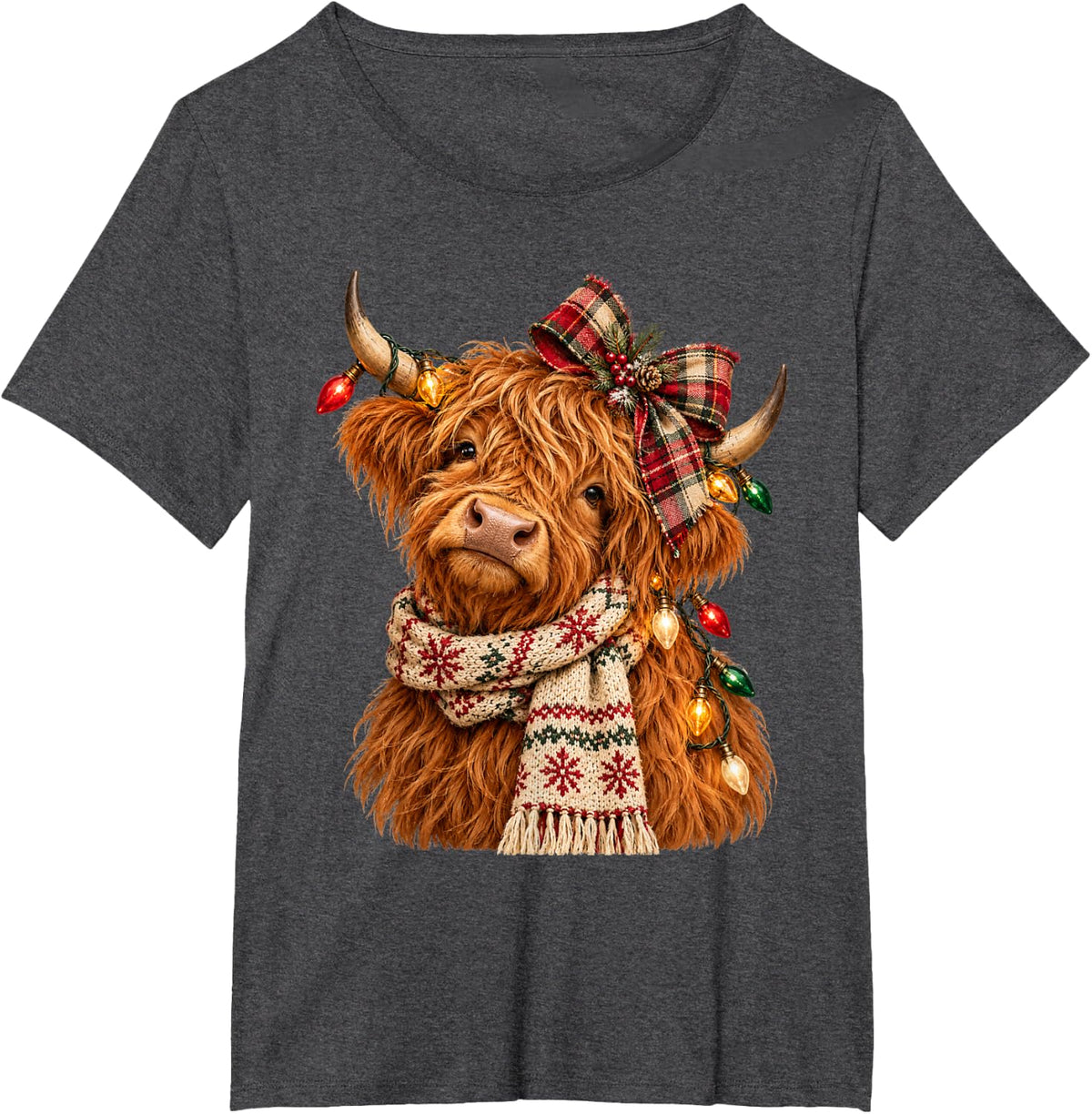 Cute Christmas Highland Cow Plaid Bow Holiday Lights T-Shirt - Dark Heather Grey