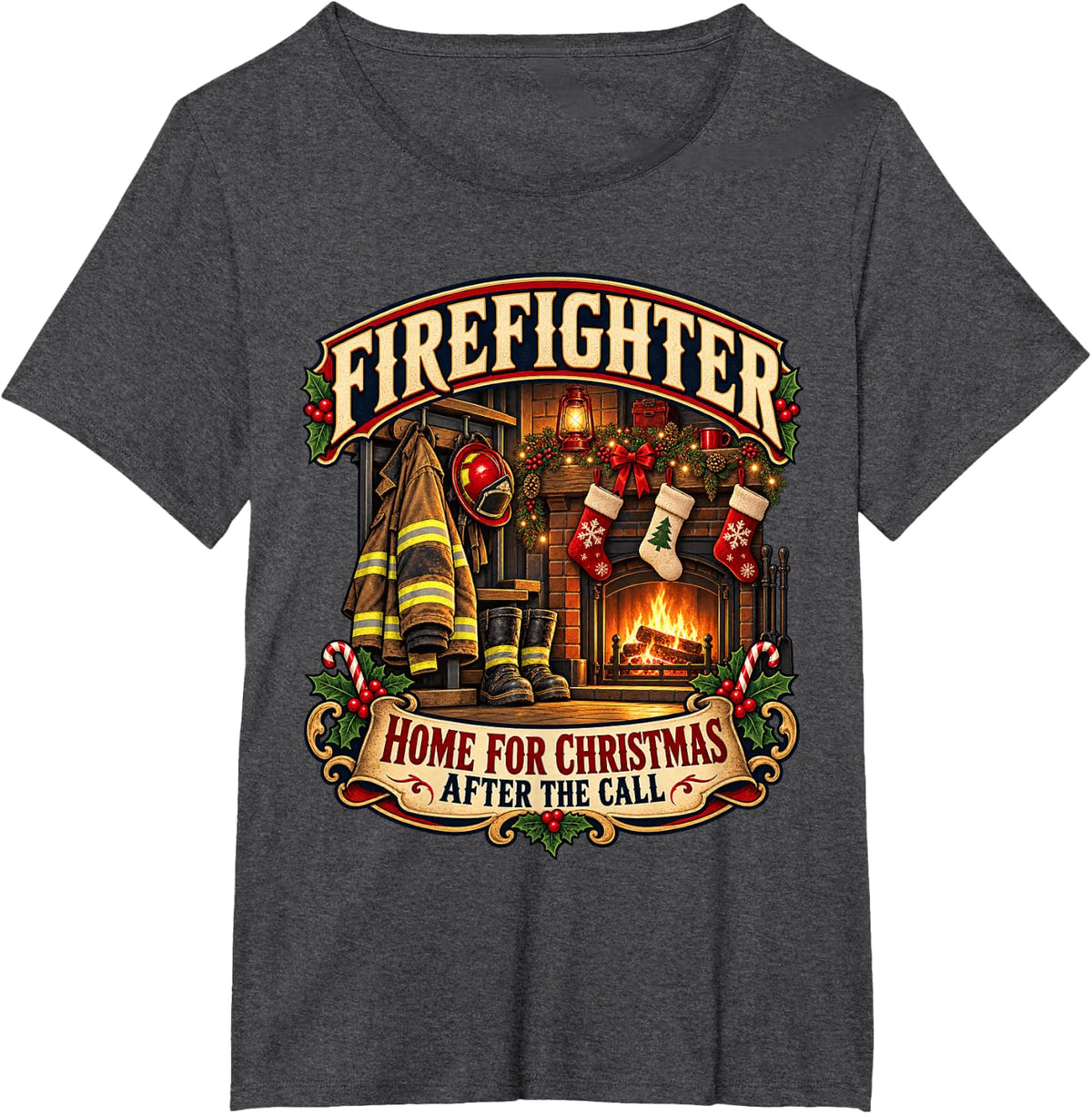 Firefighter Home for Christmas After The Call Holiday T-Shirt - Dark Heather Grey