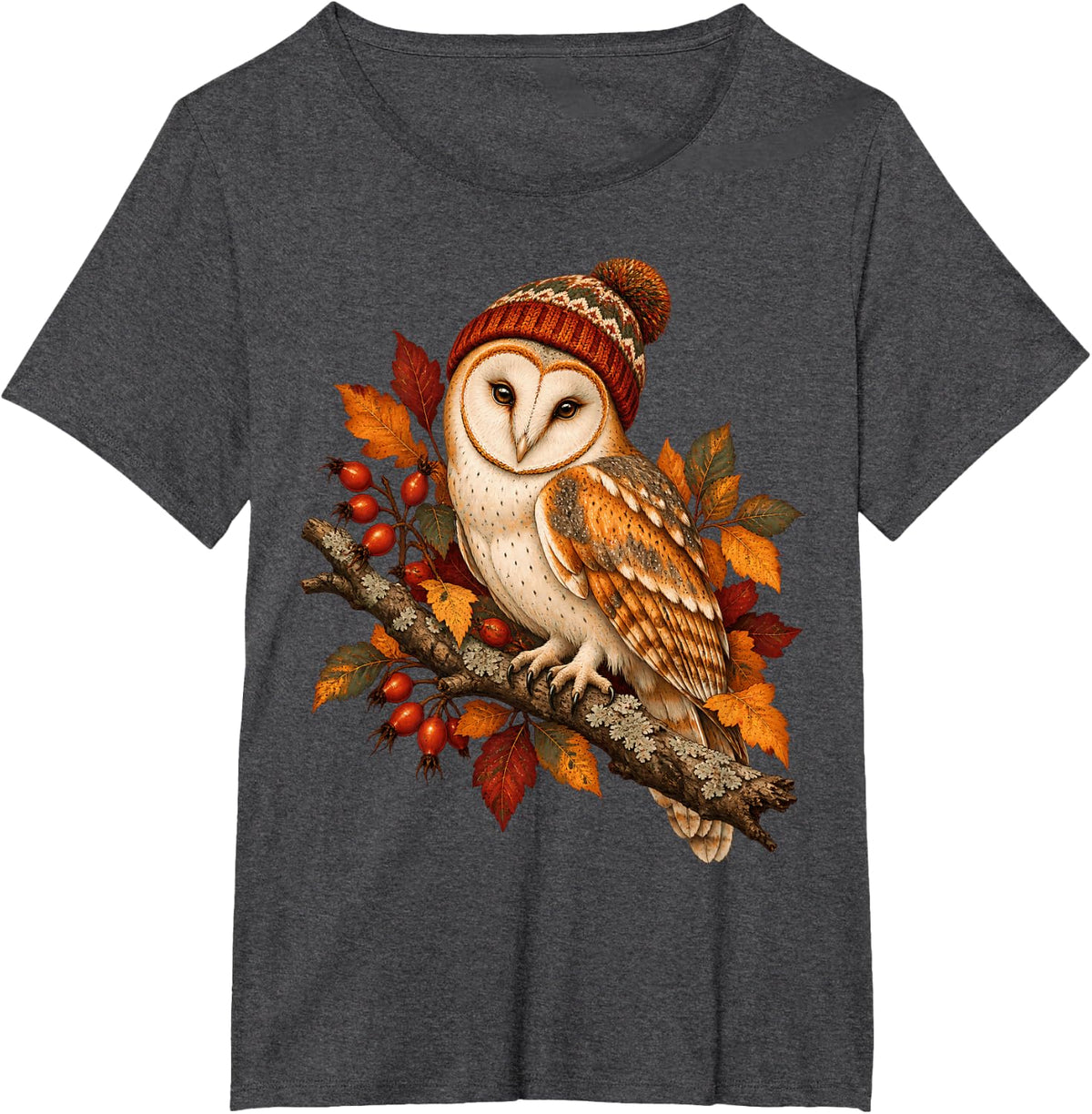 Autumn Barn Owl Fall Leaves Cozy Wildlife T-Shirt - Dark Heather Grey