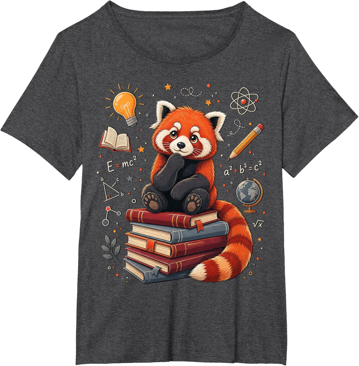 Red Panda Sitting on Stack of Books T-Shirt - Dark Heather Grey