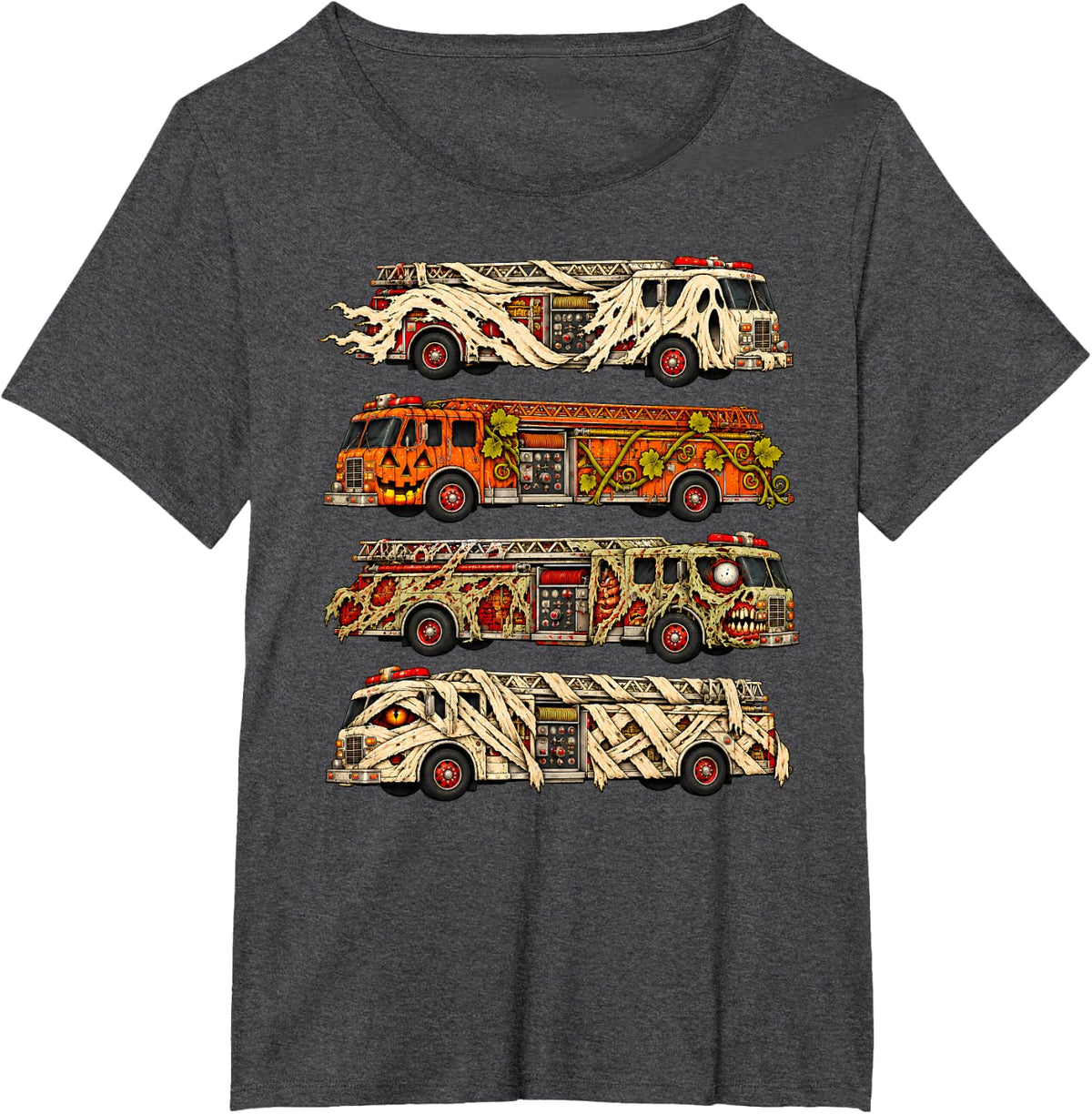 Halloween Firefighter Fire Truck Ghost Pumpkin Zombie Mummy T-Shirt - Dark Heather Grey