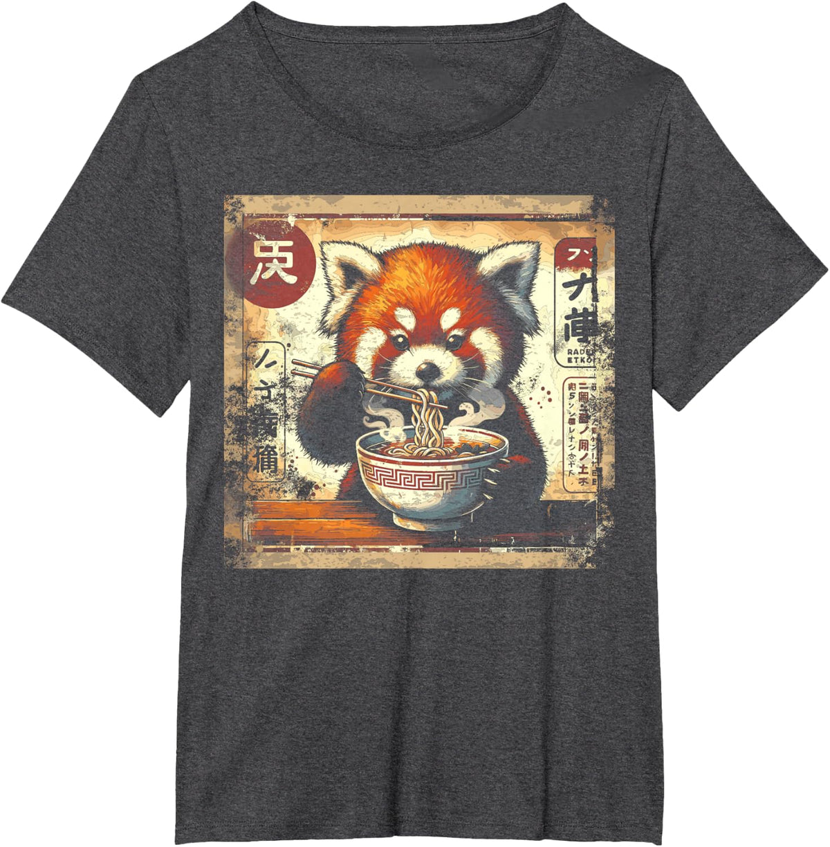 Funny Kawaii Red Panda Ramen Anime Retro Japanese T-Shirt - Dark Heather Grey