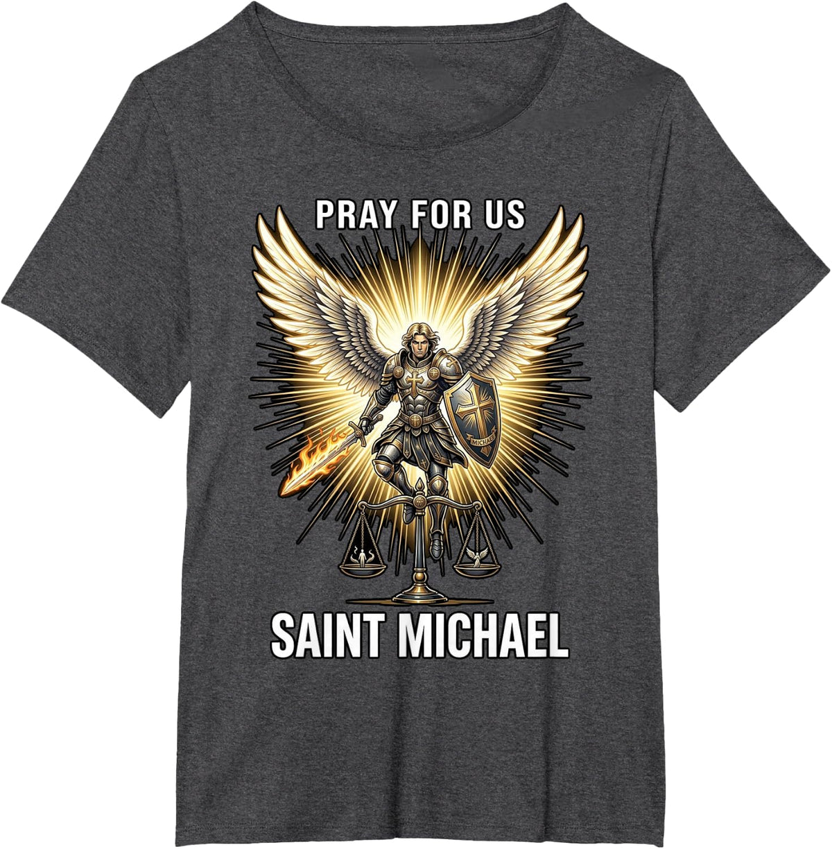 Saint Michael Above Trumpet Pray for Us Catholic T-Shirt - Dark Heather Grey