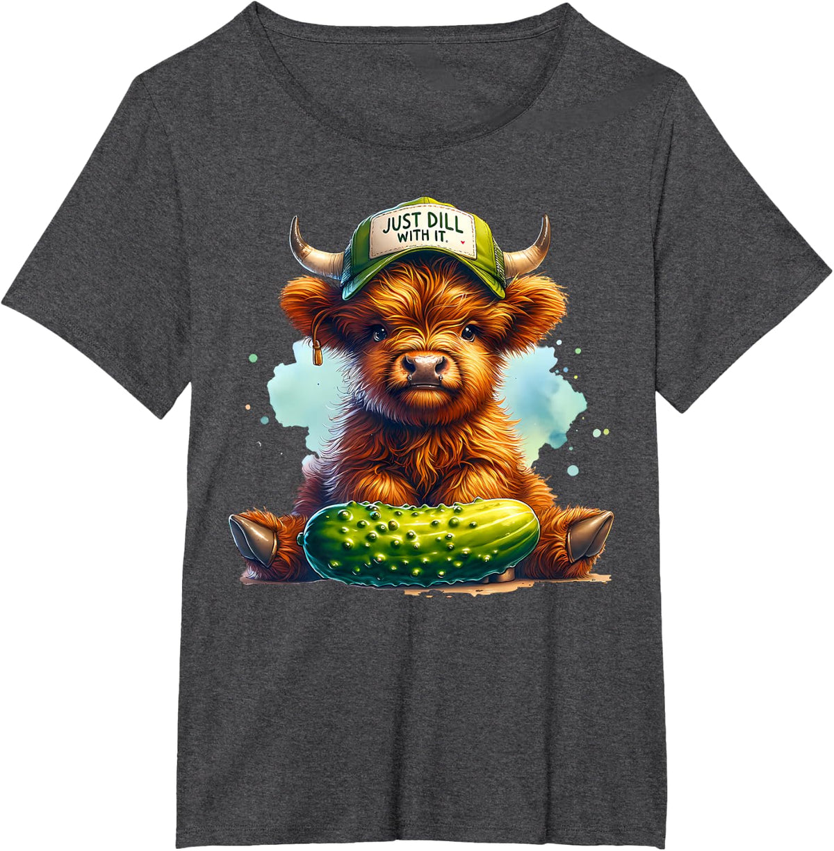 Dill With It Cute Highland Cow Pickle Hat Farm Animal Lover T-Shirt - Dark Heather Grey