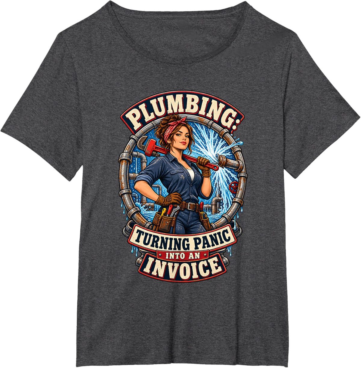 Plumbing Turning Panic Into an Invoice Female Plumber Womens T-Shirt - Dark Heather Grey