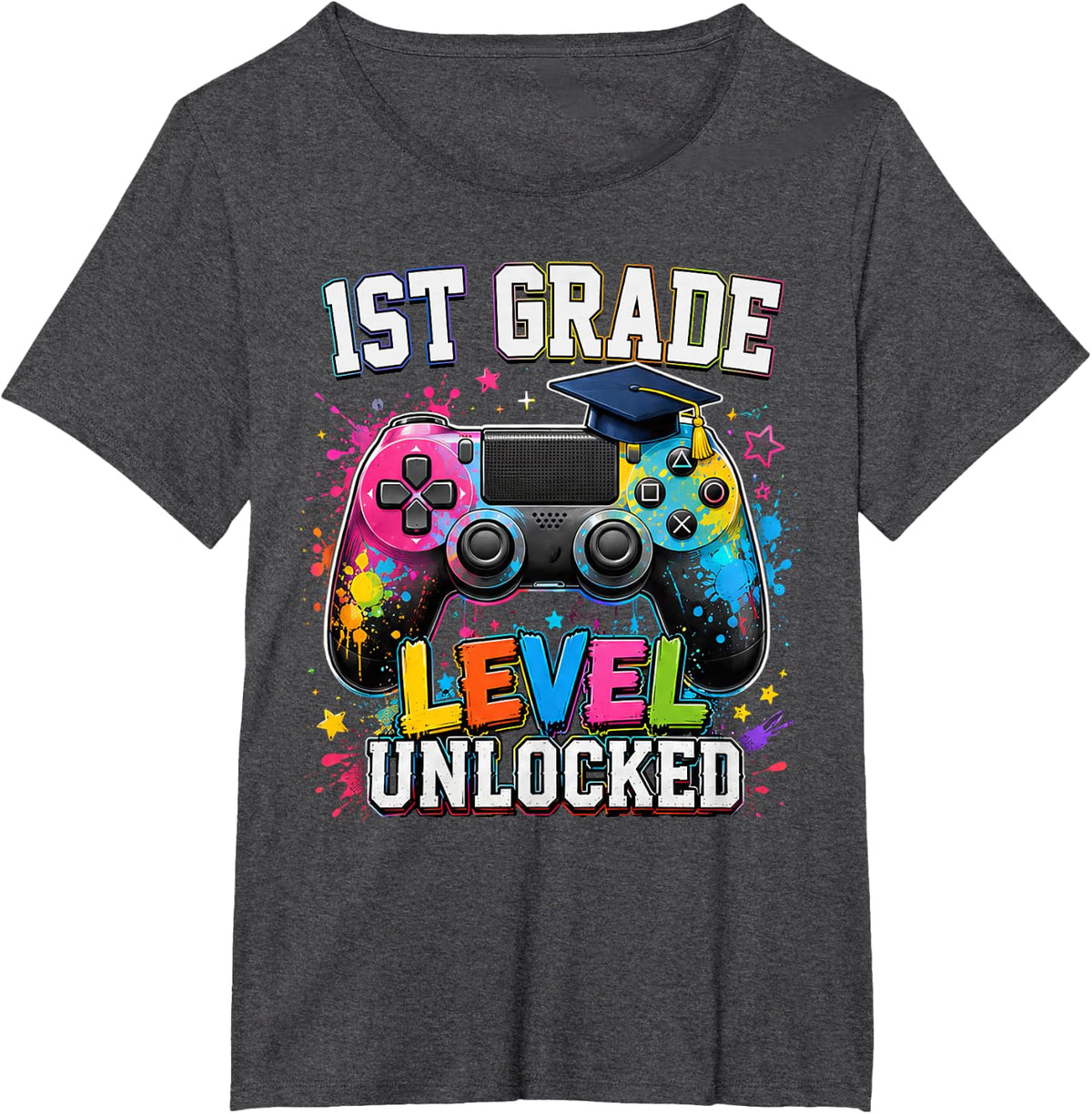 1st Grade Level Unlocked Gamer Boys First Day Back to School T-Shirt - Dark Heather Grey