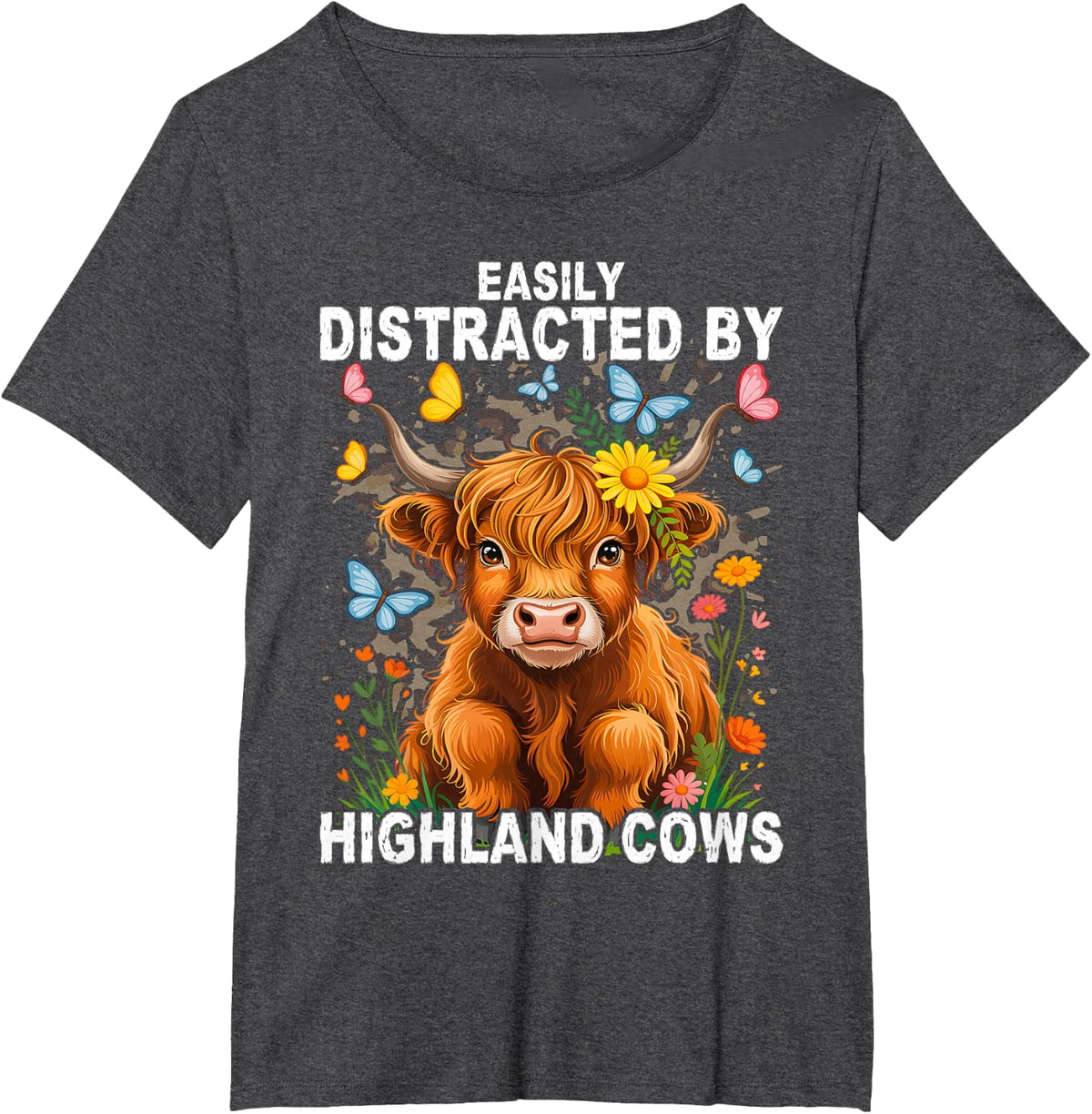 Easily Distracted by Highland Cows Leopard Cheetah Trendy T-Shirt - Dark Heather Grey