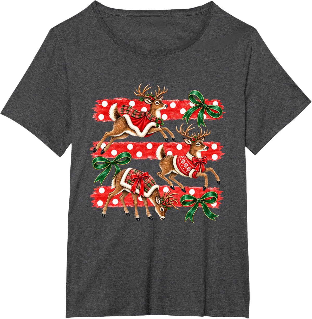 Christmas Reindeer Plaid Bows Polka Dot Holiday Xmas T-Shirt - Dark Heather Grey
