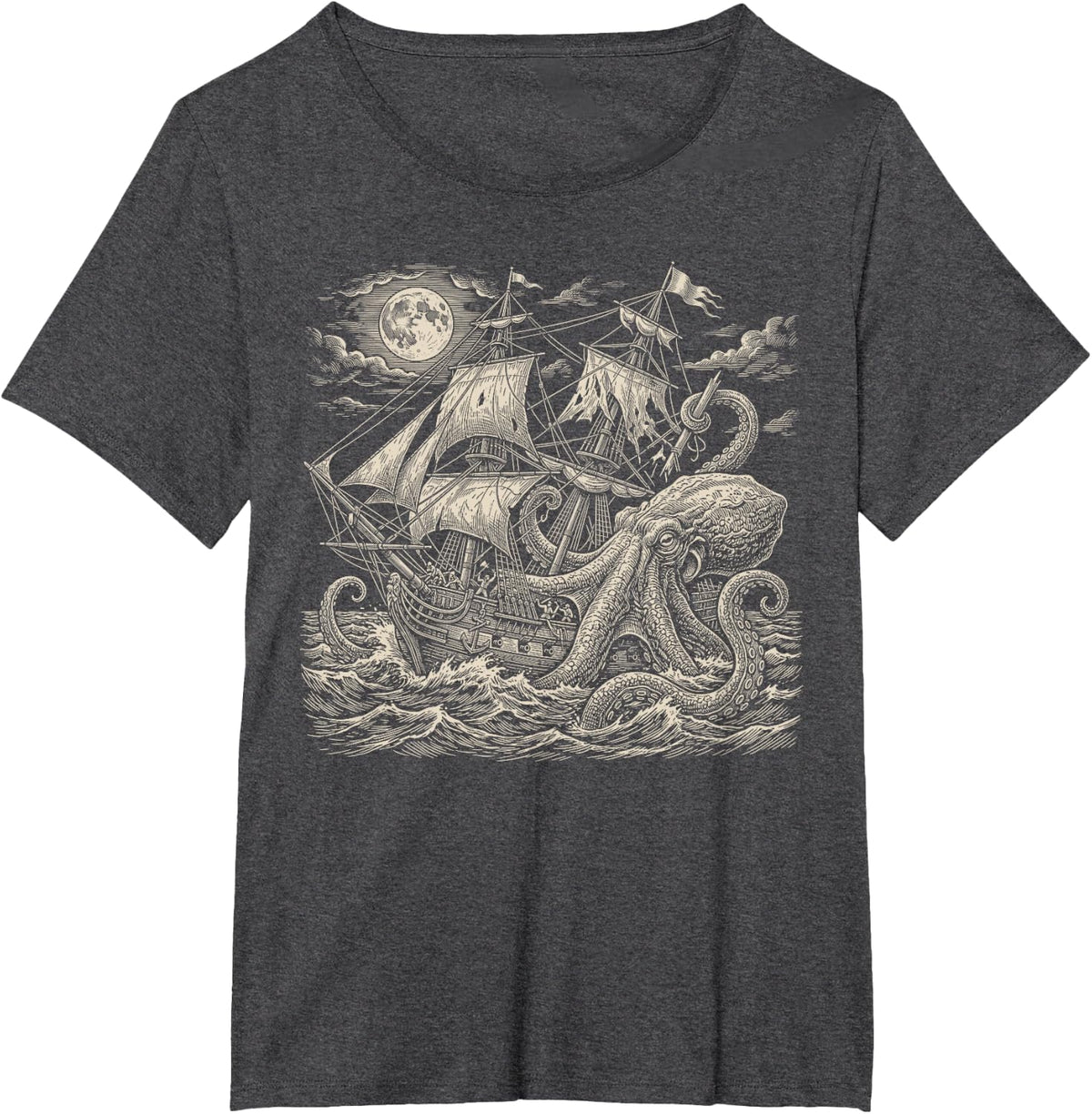 Vintage Kraken Sea Monster Attacking Pirate Sailing Ship T-Shirt - Dark Heather Grey