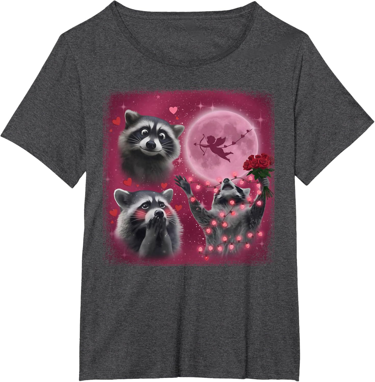 Raccoon Valentines Day Moon Howling Cute Romantic T-Shirt - Dark Heather Grey