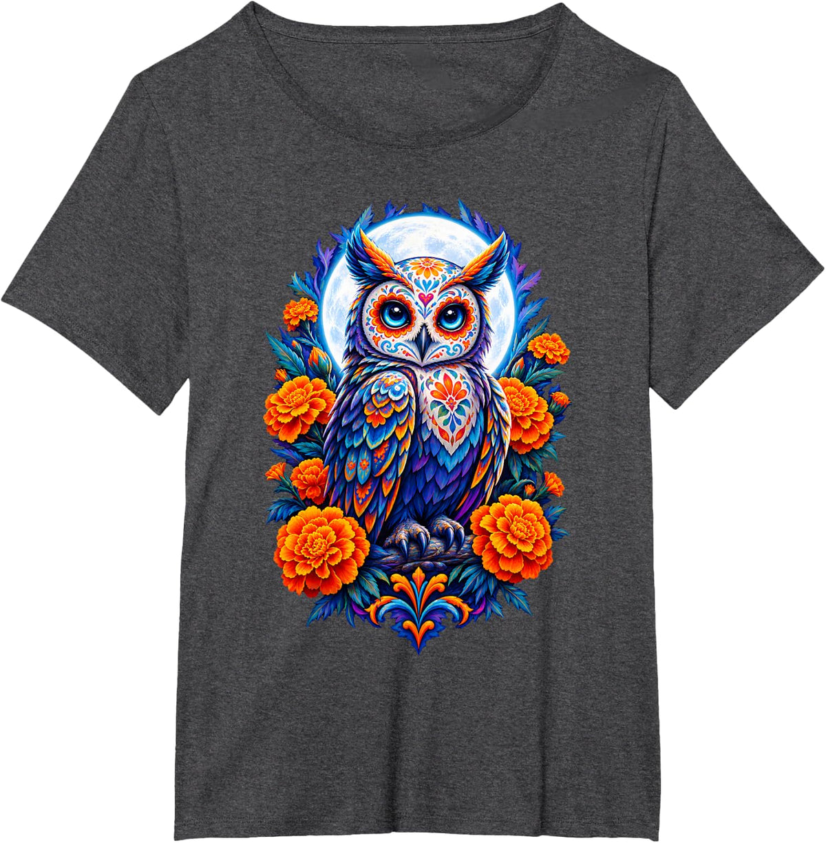 Sugar Skull Tattoo Owl Flowers Los Muertos Mexican T-Shirt - Dark Heather Grey