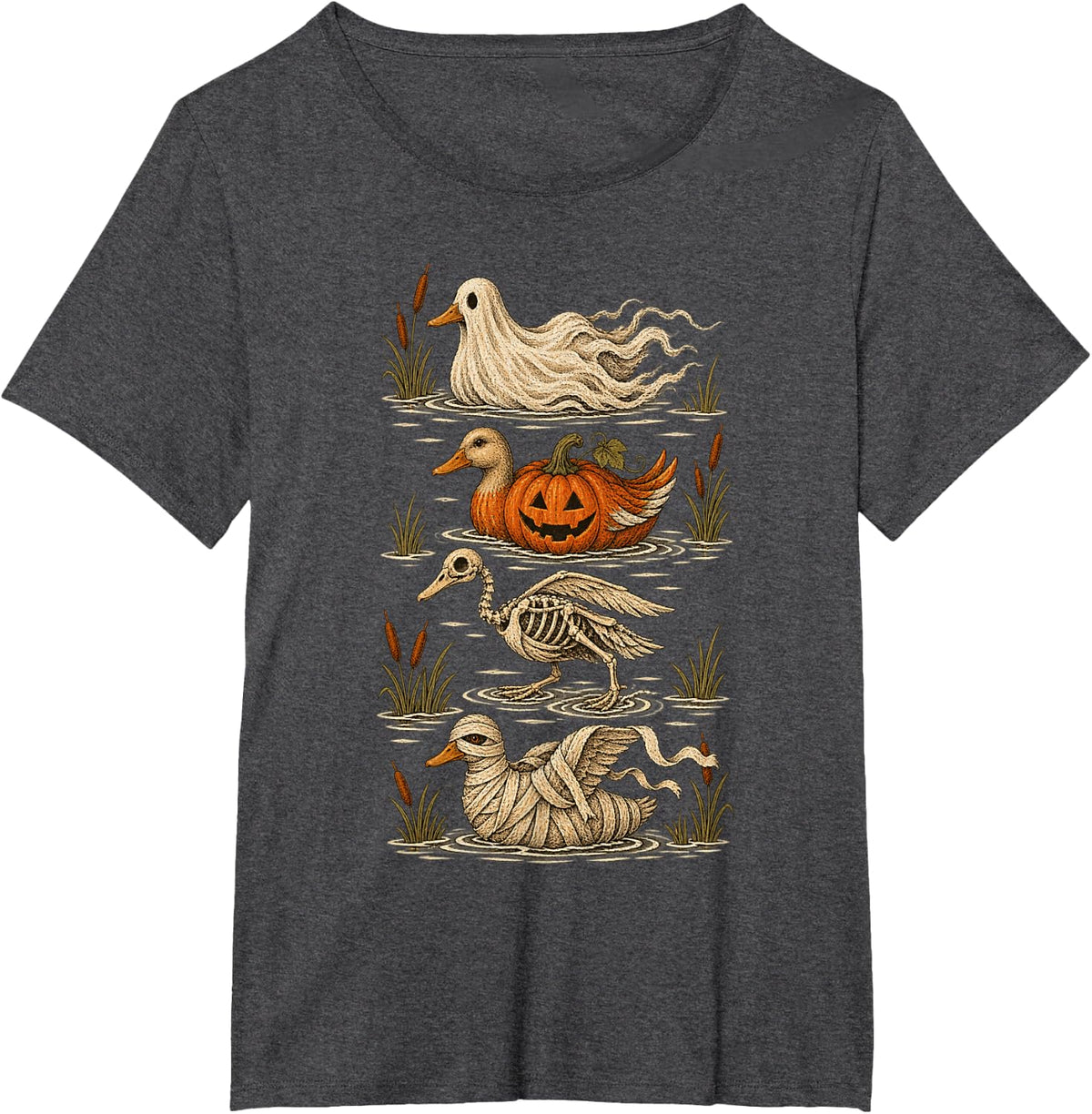 Halloween Duck Hunting Vintage Ghost Skeleton Mallard T-Shirt - Dark Heather Grey