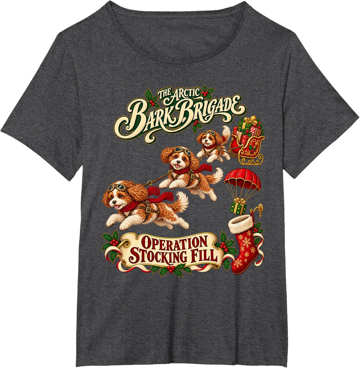 Funny Cute Cavapoo Dog Christmas Arctic Sleigh Adventure T-Shirt - Dark Heather Grey