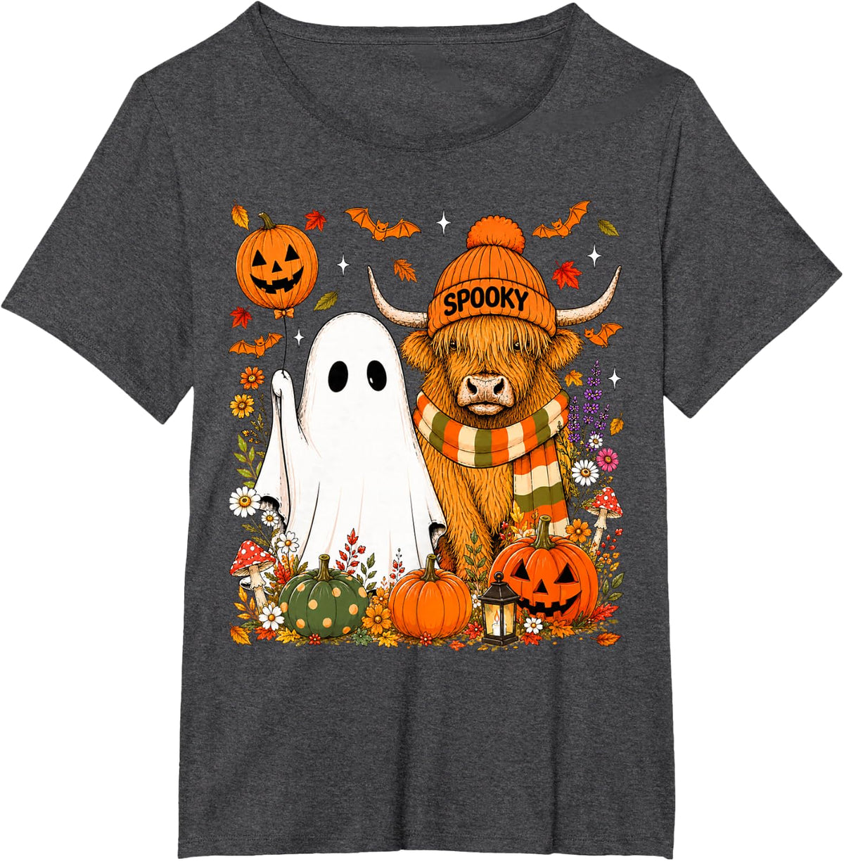 Cute Fall Highland Cow and Ghost Pumpkin Patch Halloween T-Shirt - Dark Heather Grey