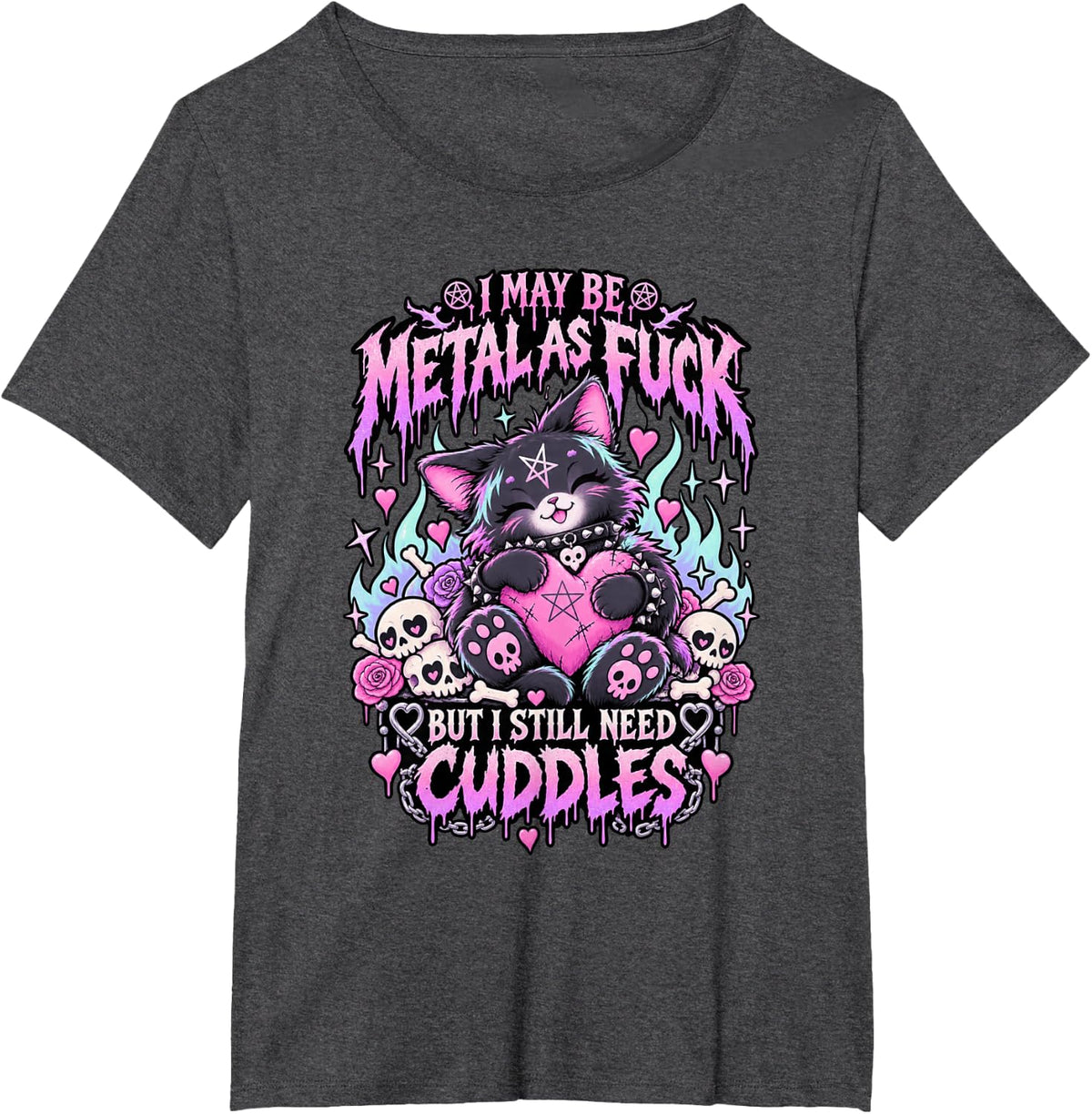 Heavy Death Metal Goth Cat I Still Need Cuddles T-Shirt - Dark Heather Grey