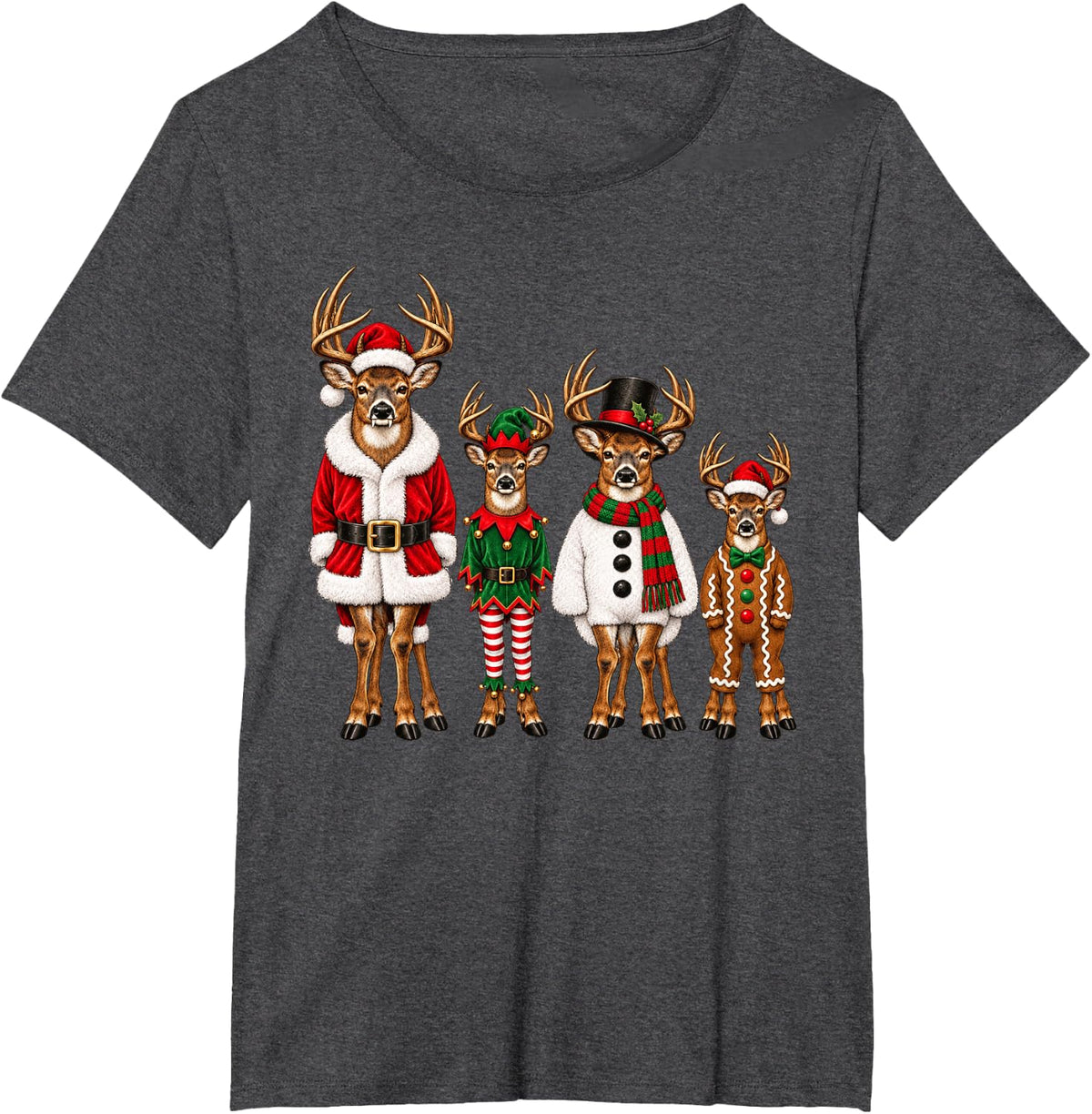 Christmas Deer Bucks in Holiday Costumes Funny Hunter Design T-Shirt - Dark Heather Grey
