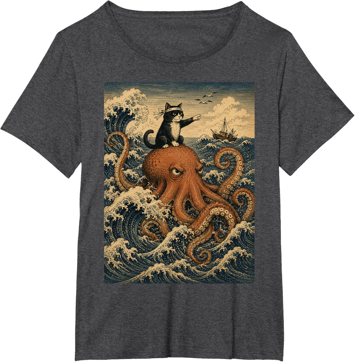 Black Cat Riding Giant Octopus Japanese Woodblock Ocean Art T-Shirt - Dark Heather Grey