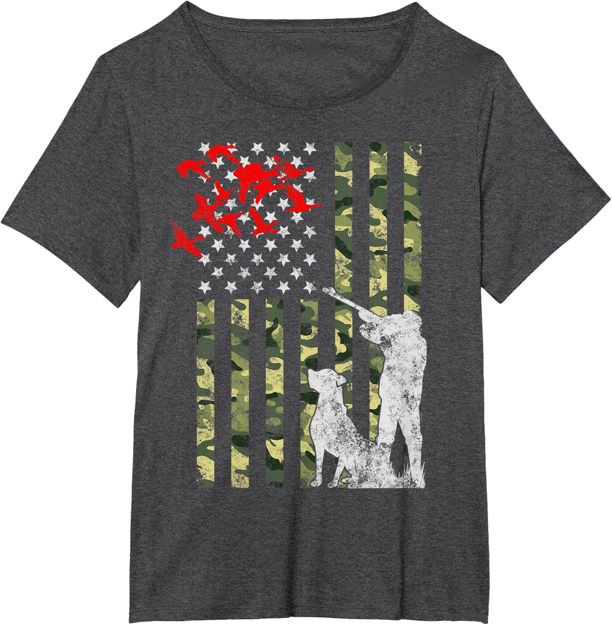 Duck Hunting with Dog gift American Camouflage USA Camo Flag T-Shirt - Dark Heather Grey