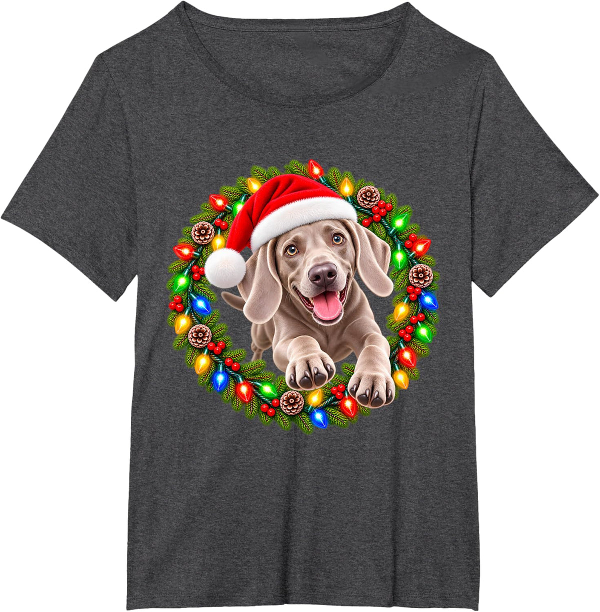 Weimaraner Christmas Jumping Through Wreath Santa Dog T-Shirt - Dark Heather Grey