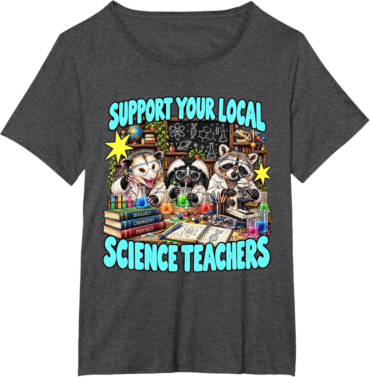 Support Your Local Science Teachers Funny Raccoon Opossum T-Shirt - Dark Heather Grey