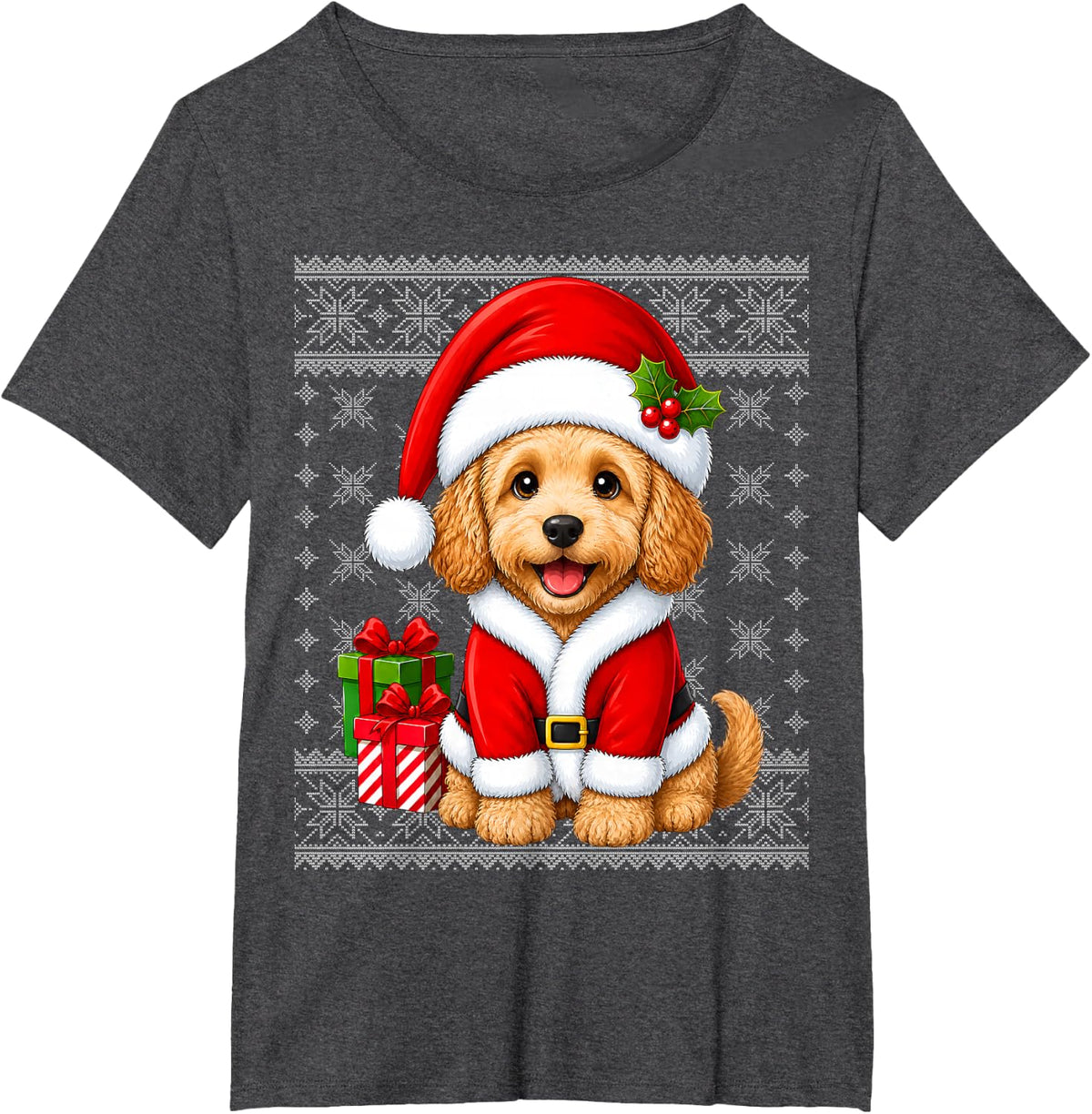 Cockapoo Dog in Christmas Santa Costume Ugly Sweaters Xmas T-Shirt - Dark Heather Grey