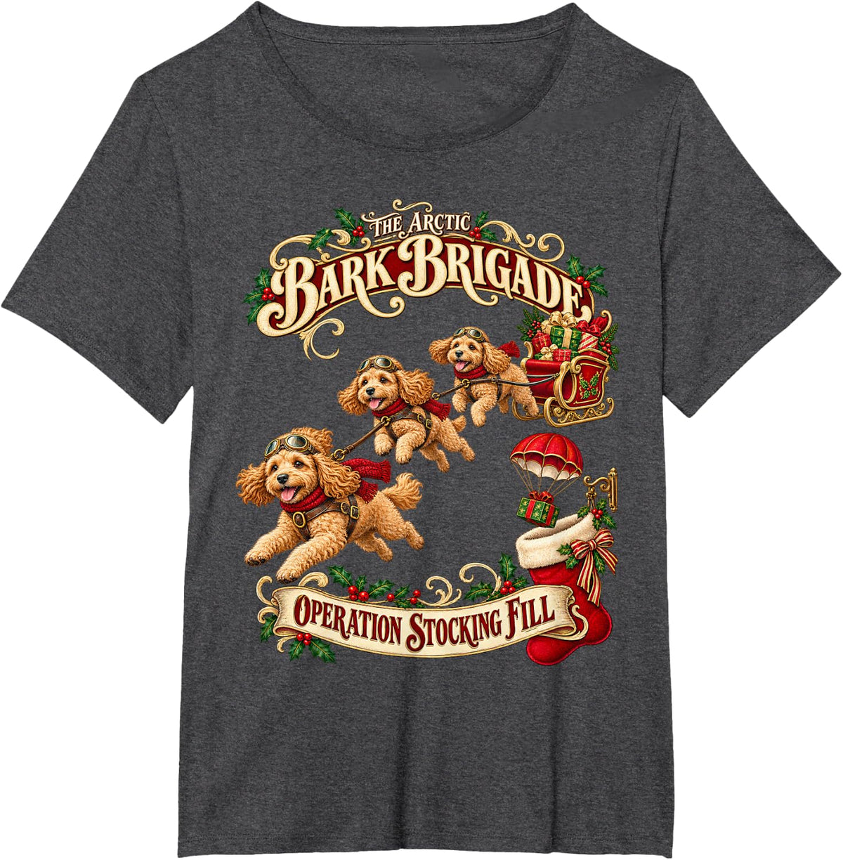 Cockapoo Dog Christmas Retro Sleigh Flight T-Shirt - Dark Heather Grey