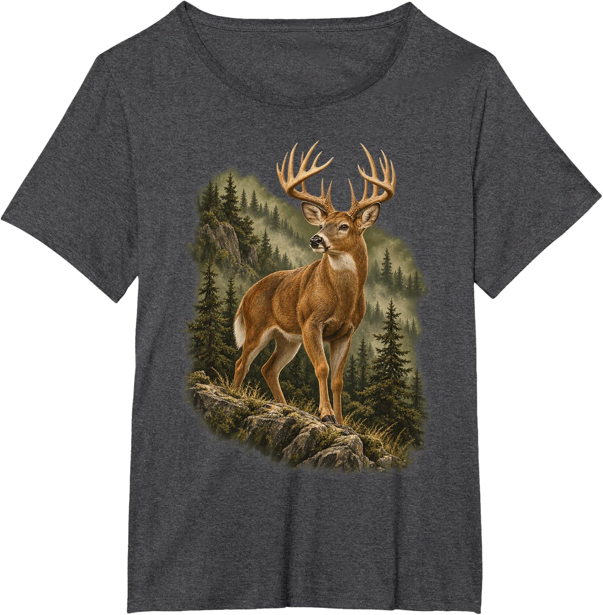 White-Tailed Buck Deer in Forest Wildlife Art T-Shirt - Dark Heather Grey
