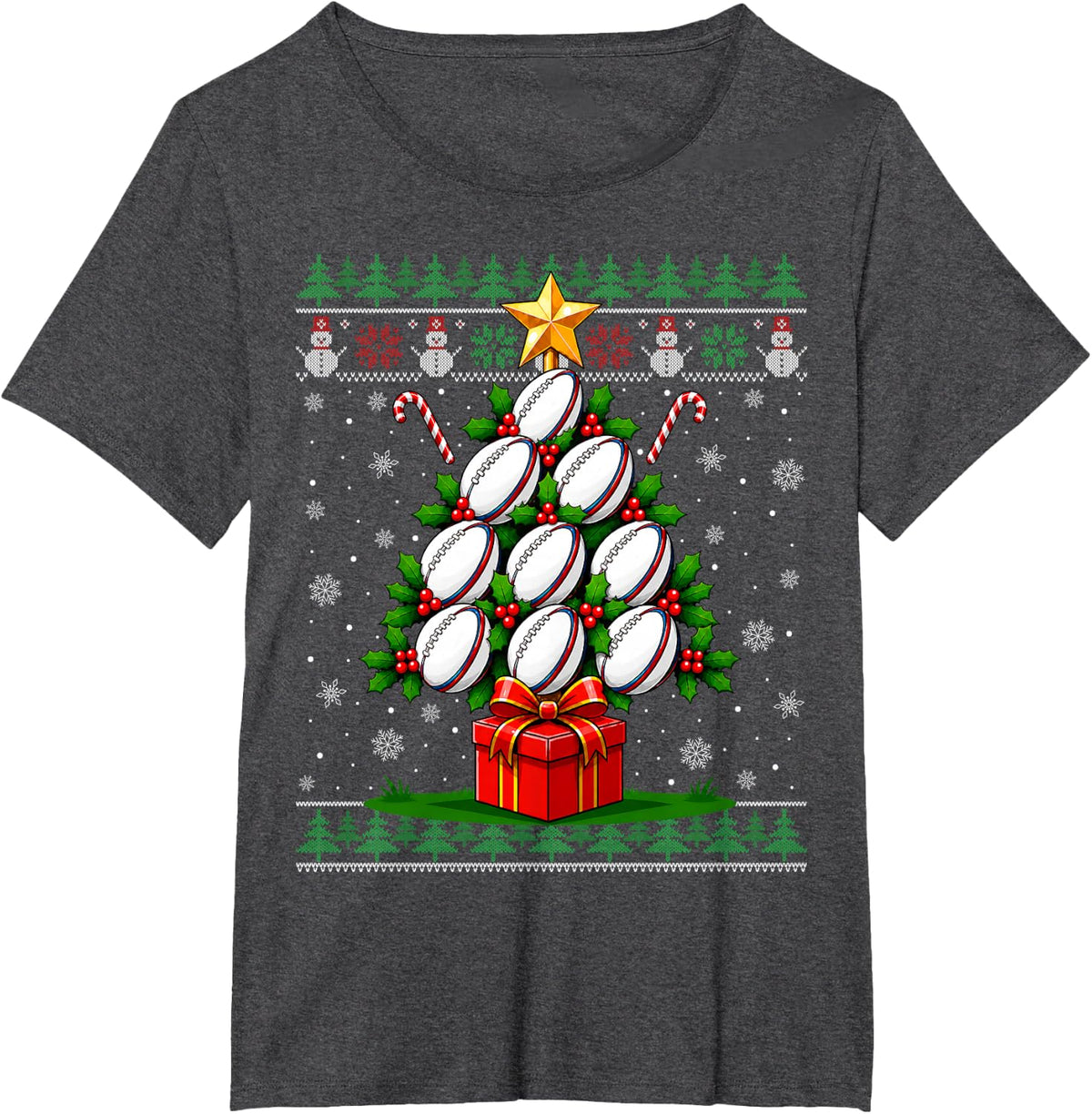 Xmas Ugly Sweaters Festive Sports Rugby Ball Christmas Tree T-Shirt - Dark Heather Grey