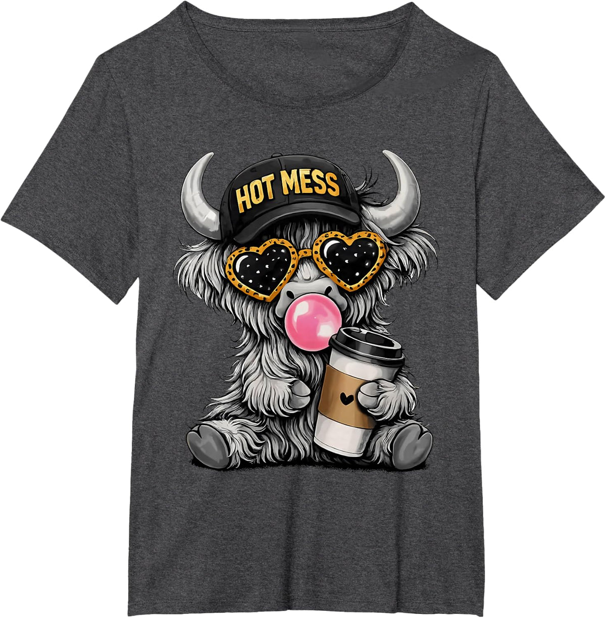 Hot Mess Highland Cow Cute Heifer Blowing Bubblegum Farmer T-Shirt - Dark Heather Grey