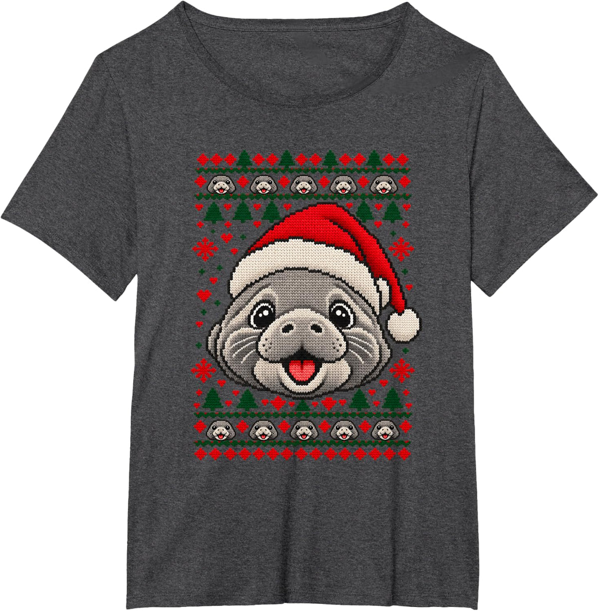 Happy Manatee Christmas Dog Santa Hat Ugly Sweater T-Shirt - Dark Heather Grey
