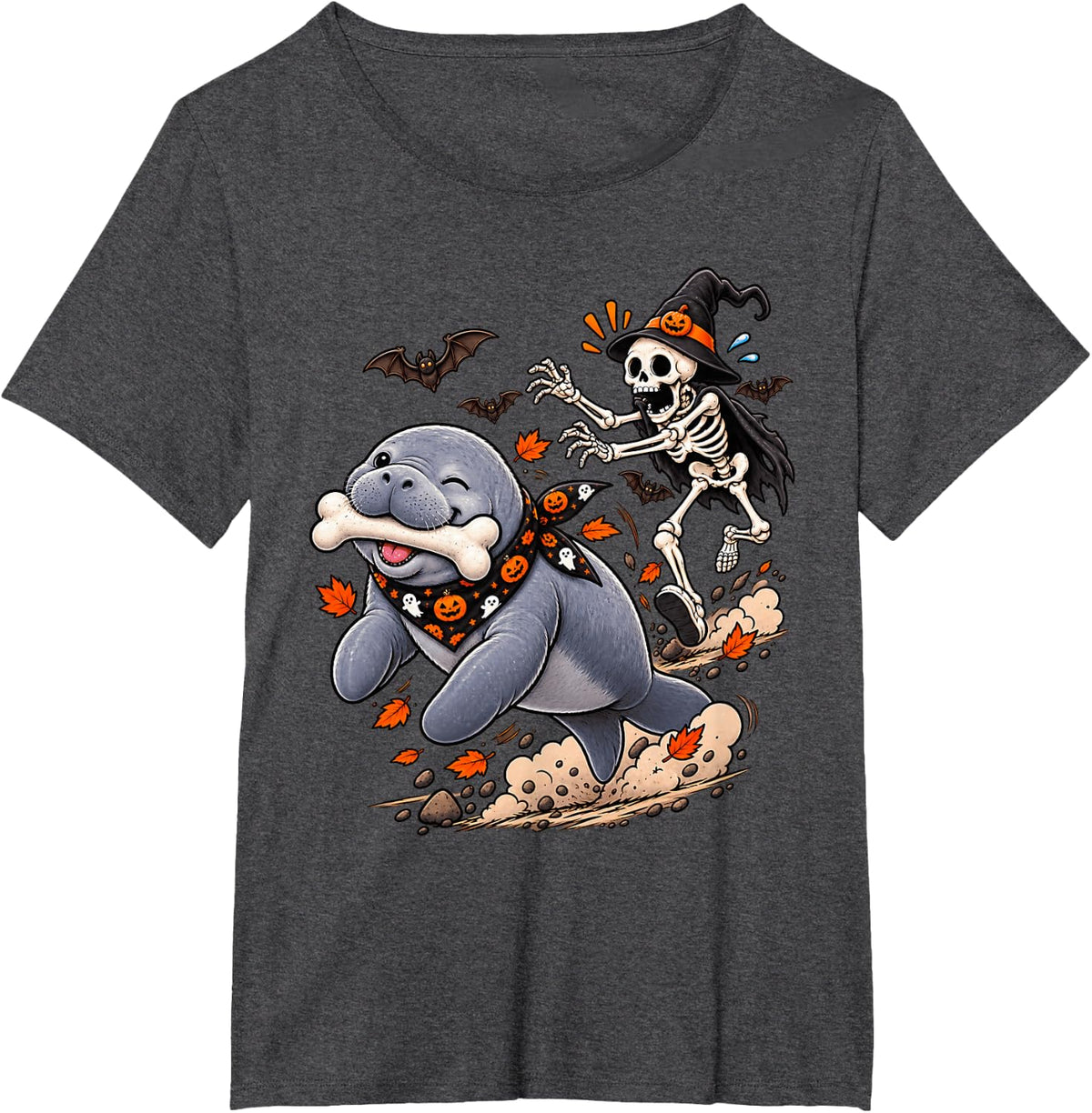 Funny Manatee Chased by Witch Skeleton Halloween Men Women T-Shirt - Dark Heather Grey