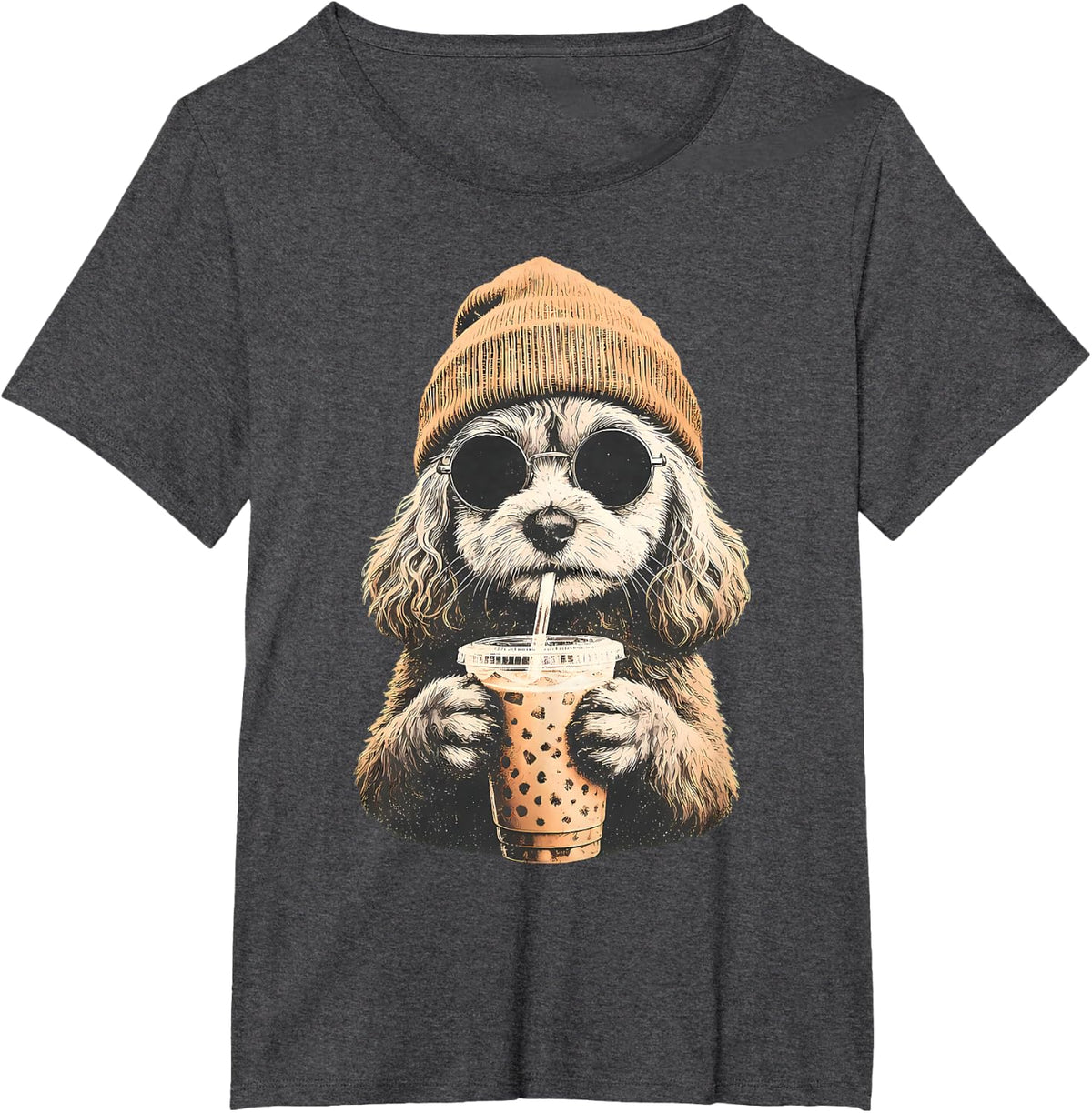 Cavapoo Hipster Dog Drinking Iced Coffee Beanie Sunglasses T-Shirt - Dark Heather Grey