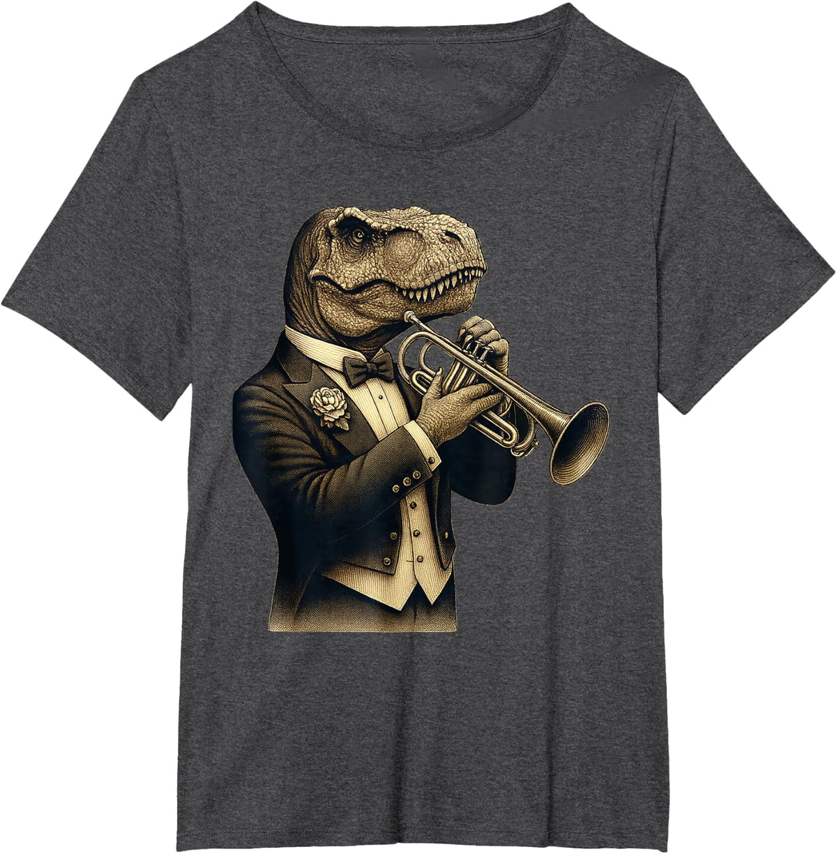 Cute T-Rex Dinosaur Playing Trumpet Musician Music T-Shirt - Dark Heather Grey