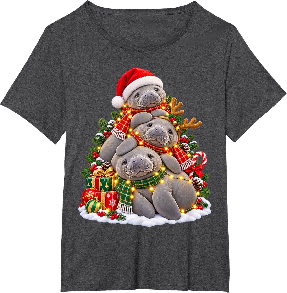 Happy Manatee Christmas Animal Lover Graphic T-Shirt - Dark Heather Grey