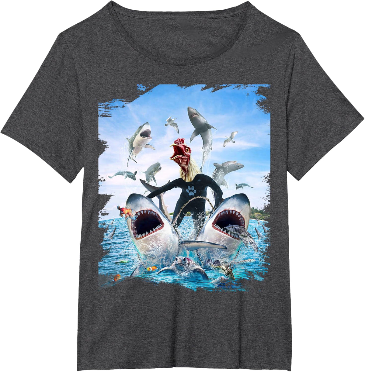 Chicken Riding Shark Sharks At Beach Ocean Funny T-Shirt - Dark Heather Grey