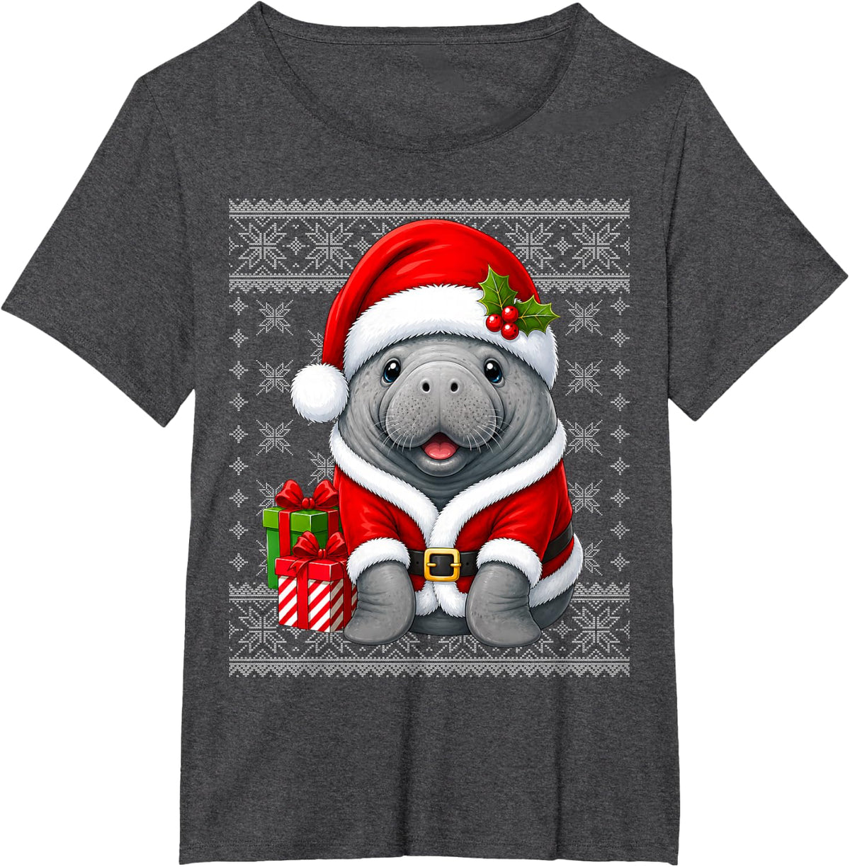 Manatee in Christmas Santa Costume Ugly Sweaters Xmas T-Shirt - Dark Heather Grey