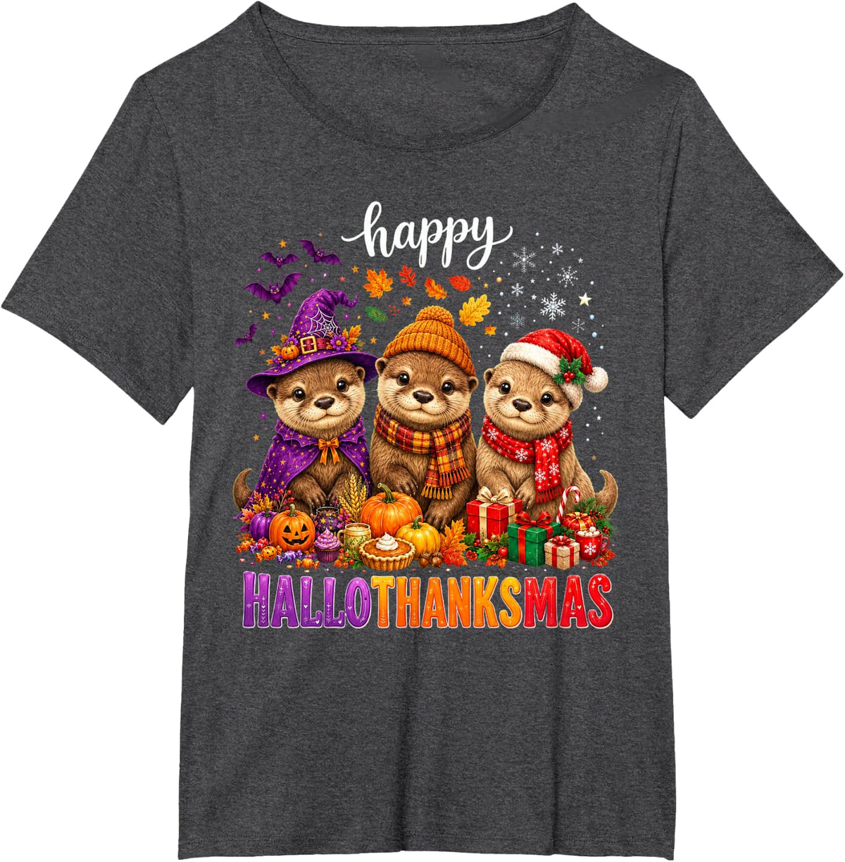 Happy HalloThankMas Xmas Halloween Thanksgiving Otter T-Shirt - Dark Heather Grey