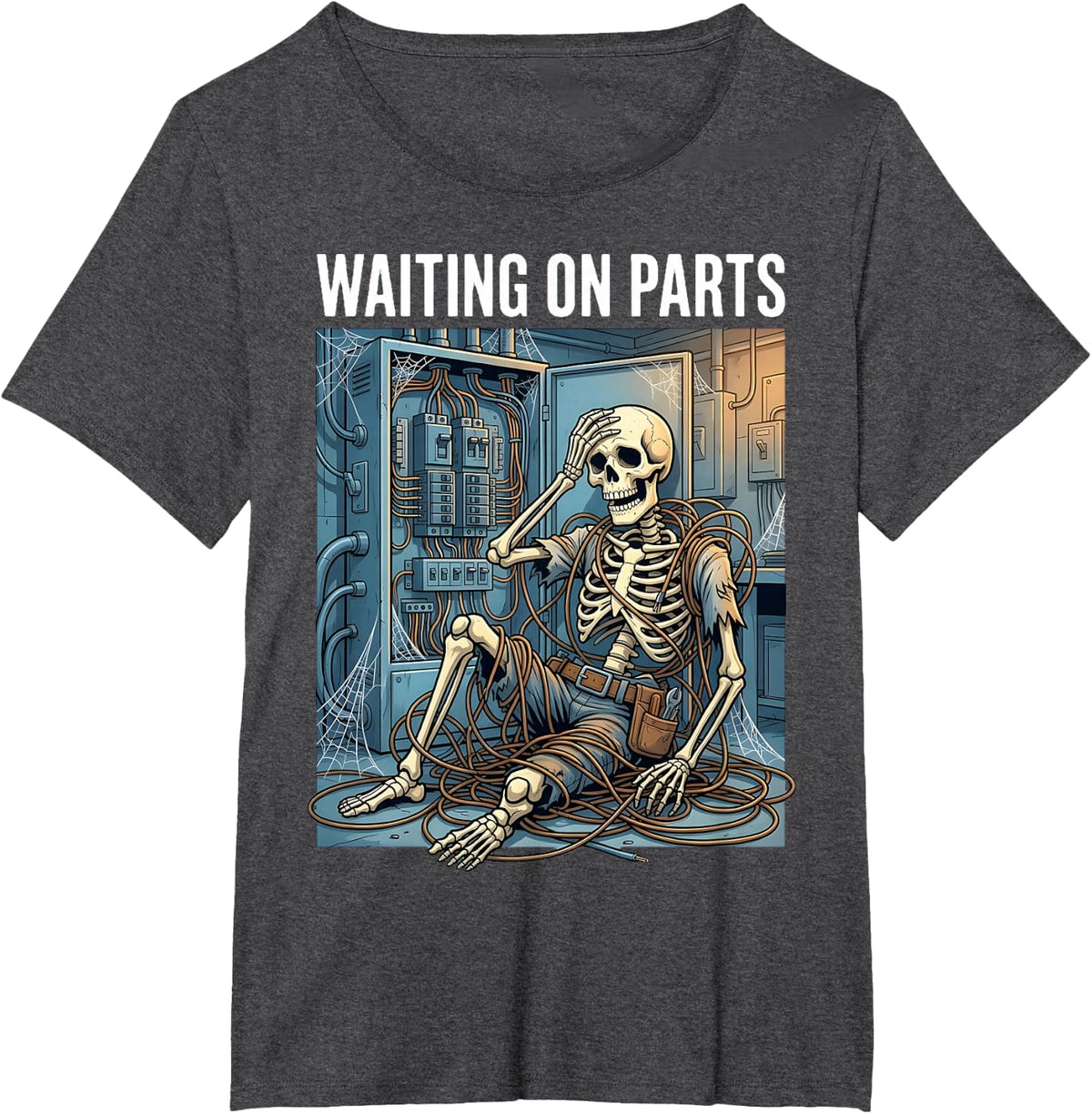 Waiting On Parts Electrician Skeleton Funny Trades Humor T-Shirt - Dark Heather Grey