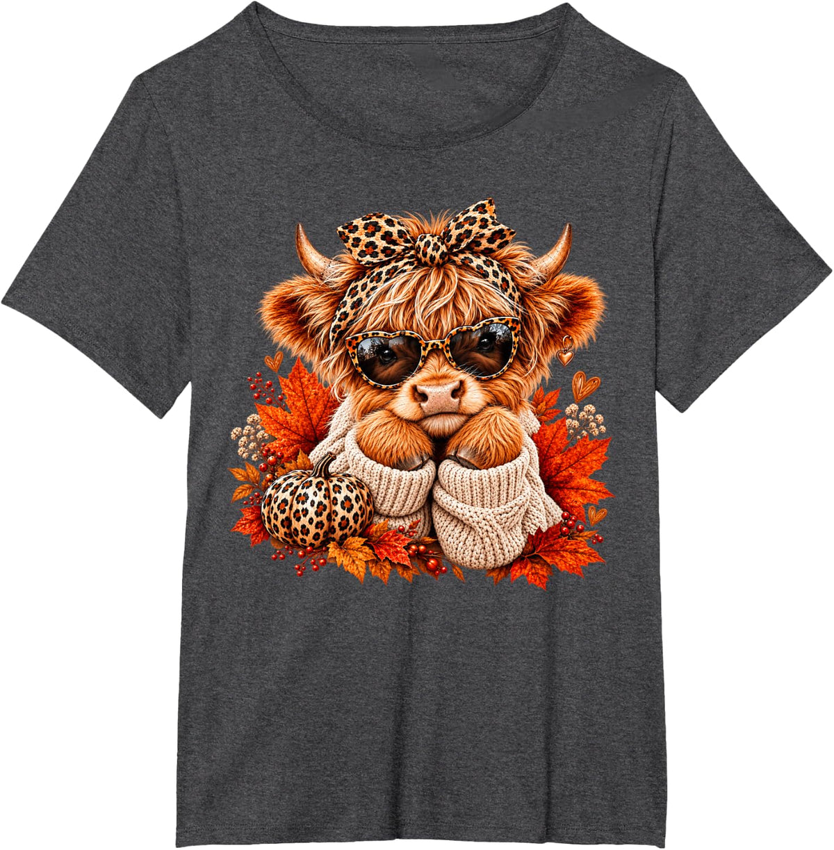 Retro Highland Cow Leopard Bow Pumpkin Fall Autumn T-Shirt - Dark Heather Grey